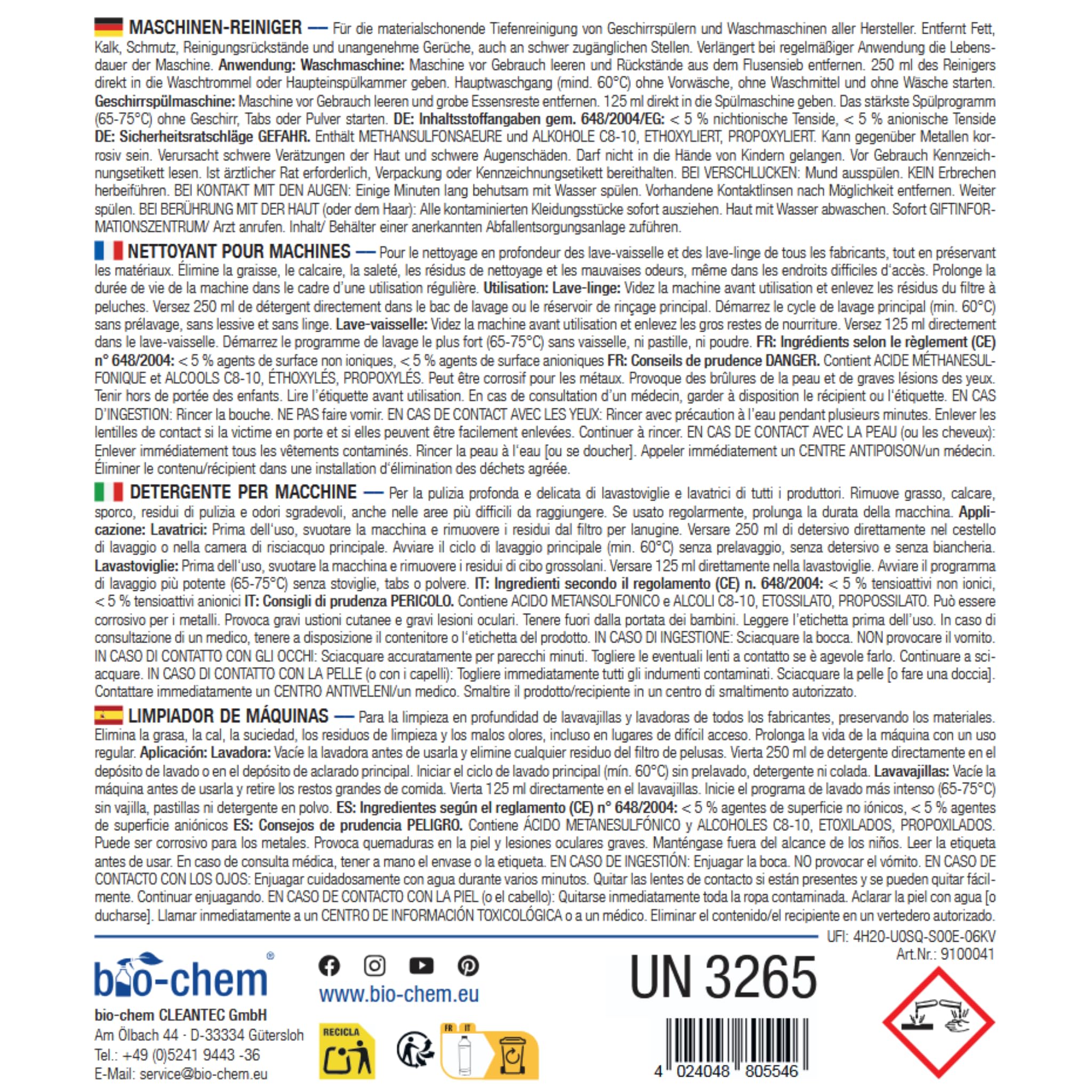 bio-chem Detergente para lavadoras y lavavajillas 6L | Tratamiento completo para lavadoras y lavavajillas: higiene óptima, sin colorantes, compatible con todos los materiales