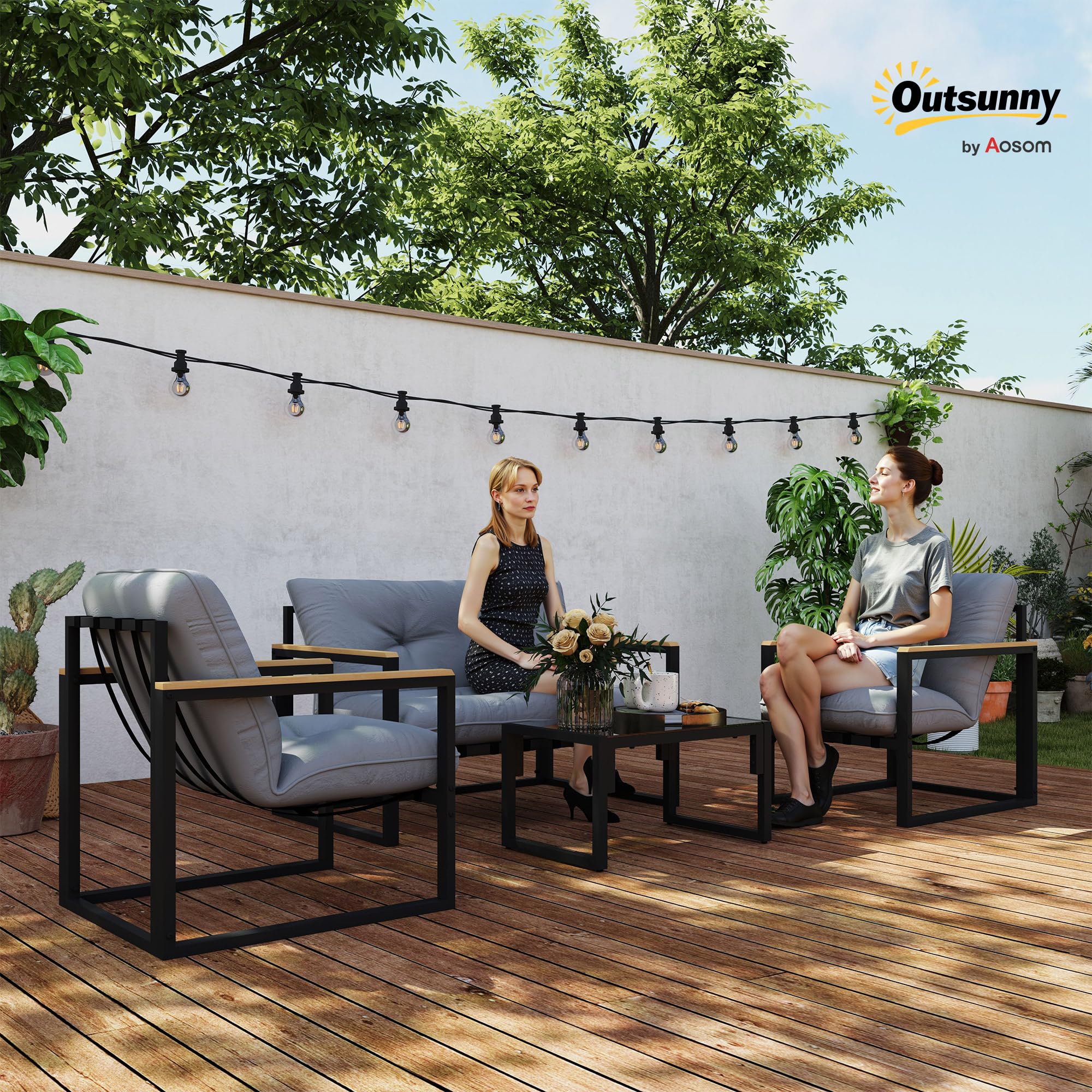 Outsunny Salon de Jardin extérieur 4 Personnes, 4 pièces avec canapé, 2 fauteuils et Table Basse en Verre trempé, Coussins Inclus, mobilier de Jardin Patio Balcon terrasse, Gris