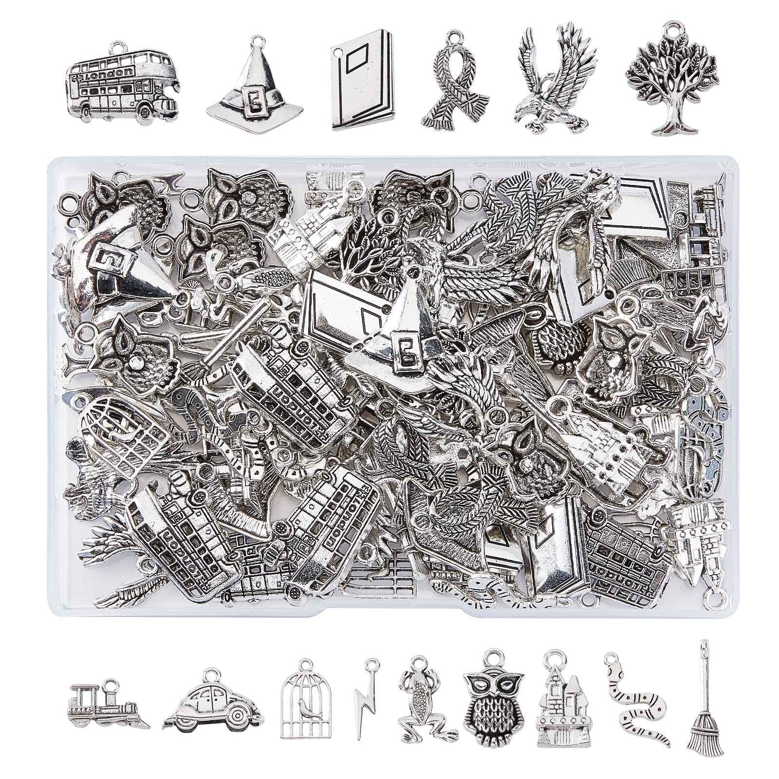 SUPERFINDINGS 160pcs 16 estilos estilo tibetano aleación colgantes antiguos plata magia encantos metal película tema perlas colgantes para pulsera collar joyería fabricación
