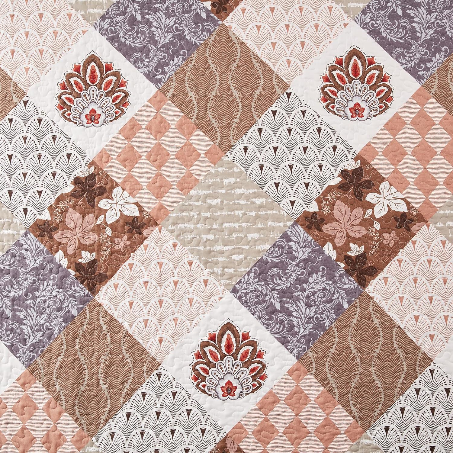 King Size Quilt Set 3 Pieces Lightweight Reversible Bedspread-98''x106'' Soft Patchwork Floral Coverlet Luxurious Warm Microfiber Bed Cover for All Seasons Brown Bedding Set(1 Quilt,2 Pillow Shams) - Image 5