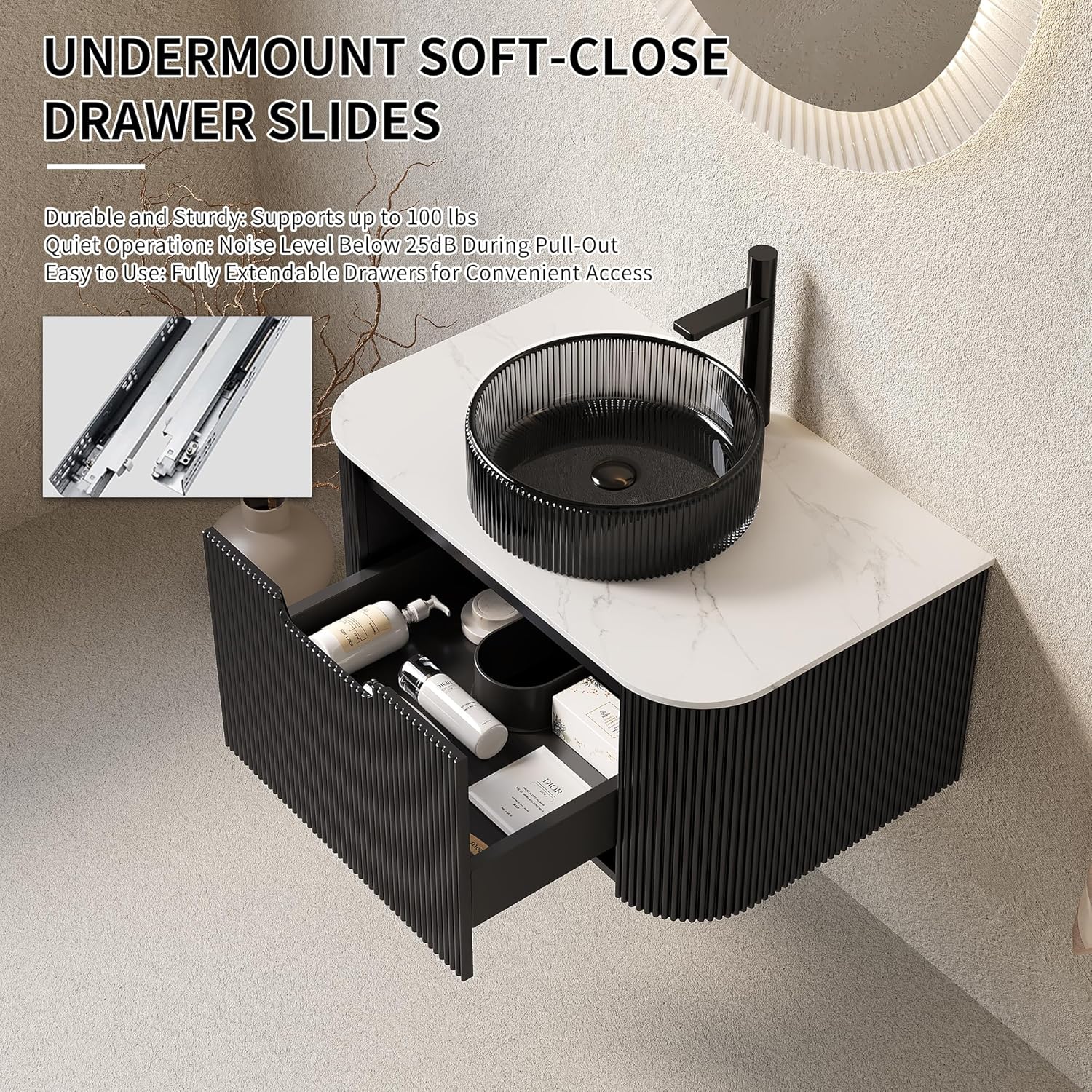 Floating Bathroom Vanity with Sink 30 Inch, Wall-Mounted Plywood Bathroom Vanity Cabinet with Drawer, Faux Marble Countertop & Black Glass Round Basin, Pre-Assembled, Black Wood Grain