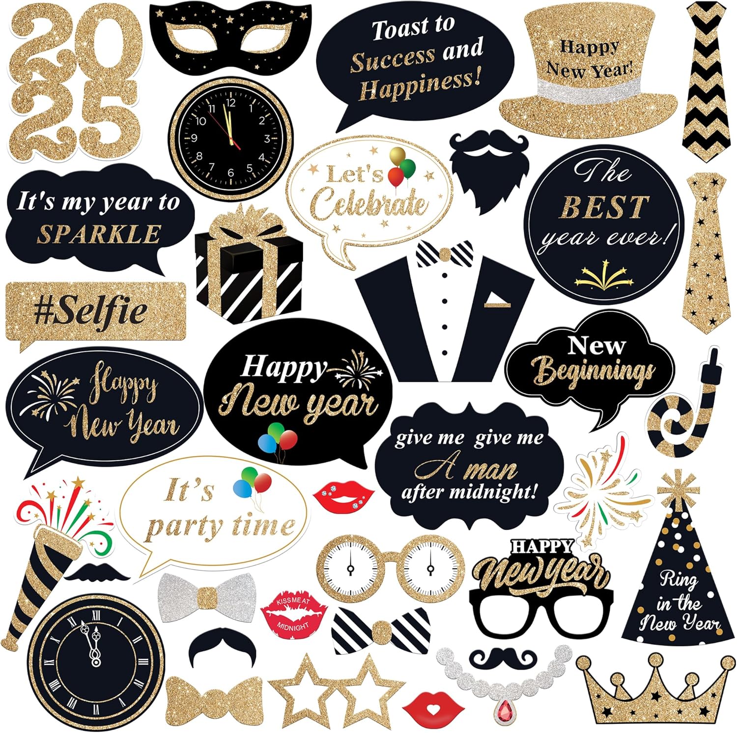 KatchOn Large Happy New Year Banner 2025 - 72x44 Inch | Photo Booth Props Pack of 38 | Backdrop for New Year's Eve Party Supplies