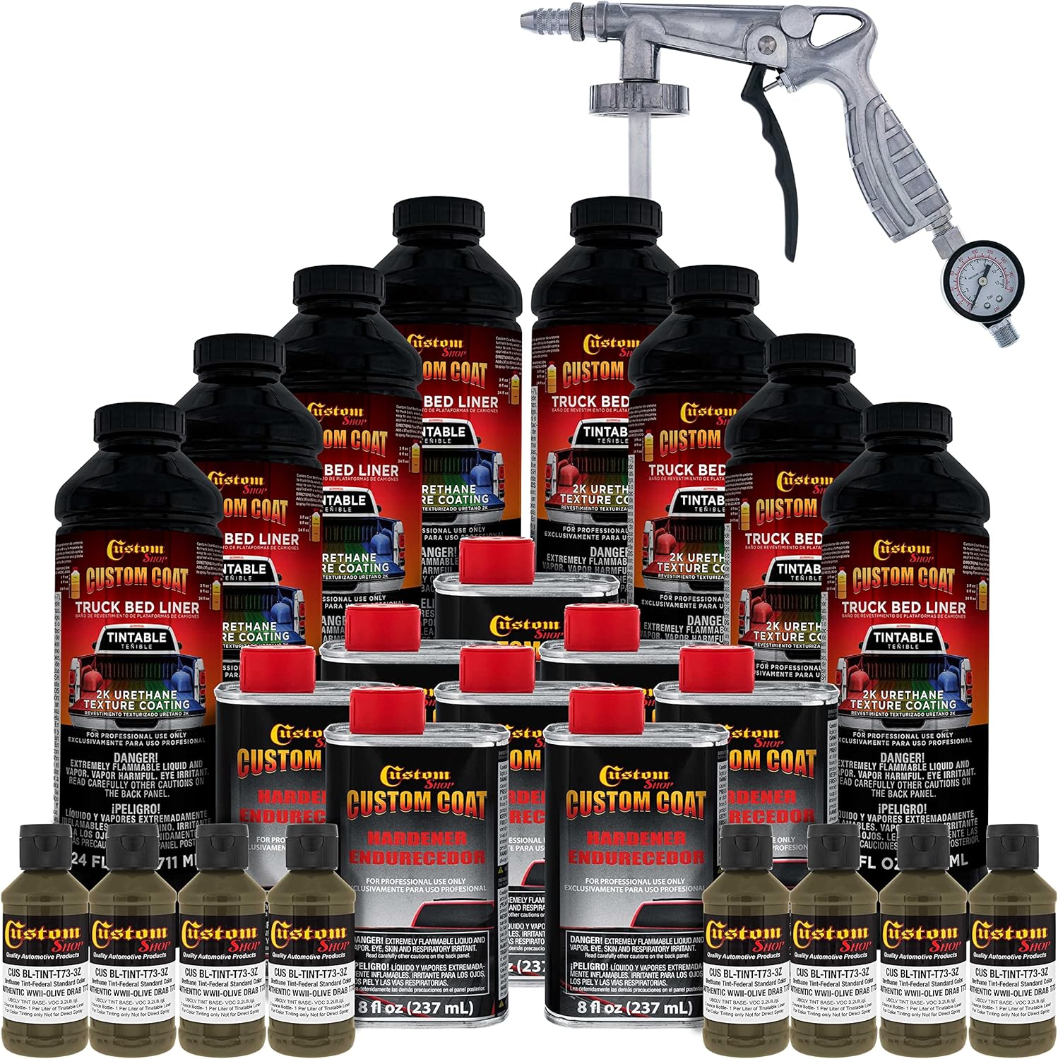 Custom Coat Federal Standard Color # Authentic WWII Olive Drab T73 Urethane Spray-On Truck Bed Liner, 2 Gallon Kit with Spray Gun and Regulator - Durable Textured Protective Coating - Easy Mix
