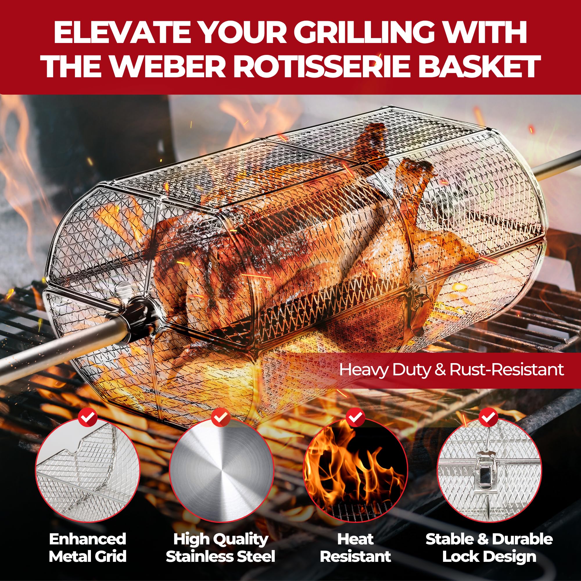 GrillX Cesta de carbón para barbacoa – 17 pulgadas de bloqueo único y cesta antiadherente – Cesta de asador de construcción de acero inoxidable – Accesorio perfecto para parrilla de barbacoa para todo