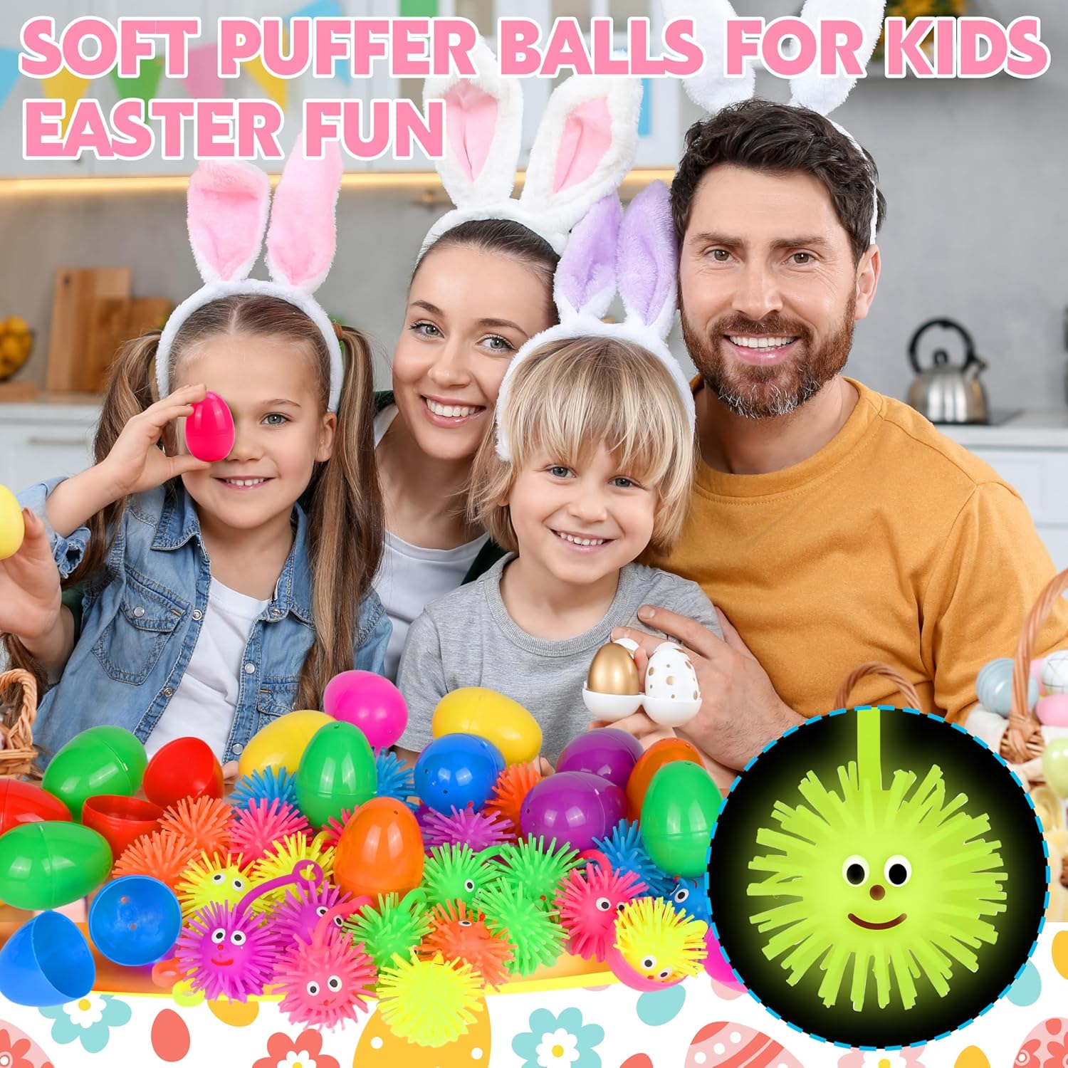 Seifar 24 Pack Easter Eggs Prefilled Egg Set, Plastic Eggs Filled with Flashing Puffer Balls, Easter Hunt Basket Stuffers with Stress Relief Fidget Toys Squeeze Ball for Egg Hunt Party Favor