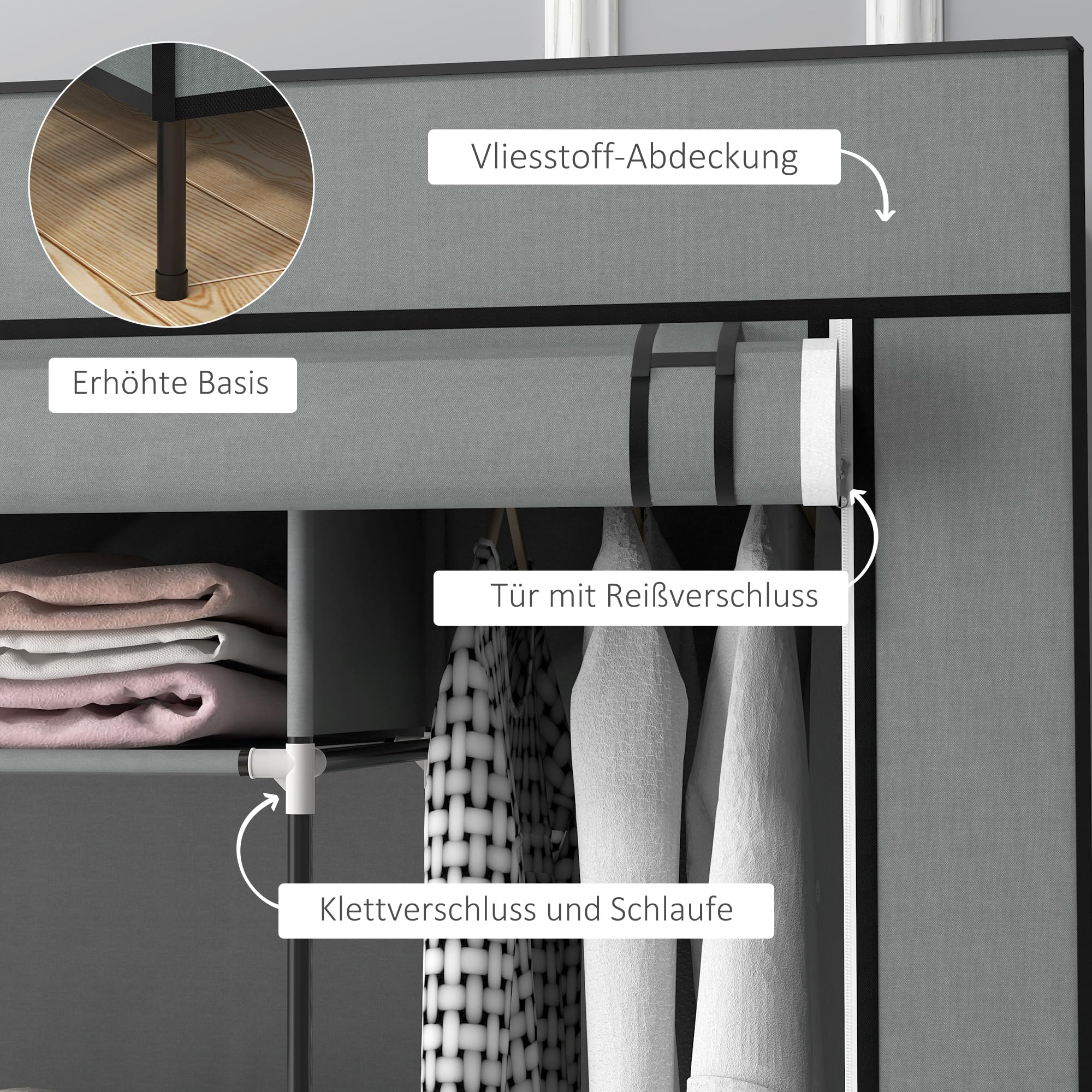 HOMCOM Kleiderschrank Stoffschrank mit Kleiderstange, Ablagen, Reißverschluss Stoffkleiderschrank Faltschrank für Ankleidezimmer Schlafzimmer, 166 x 42,5 x 169,5 cm Dunkelgrau