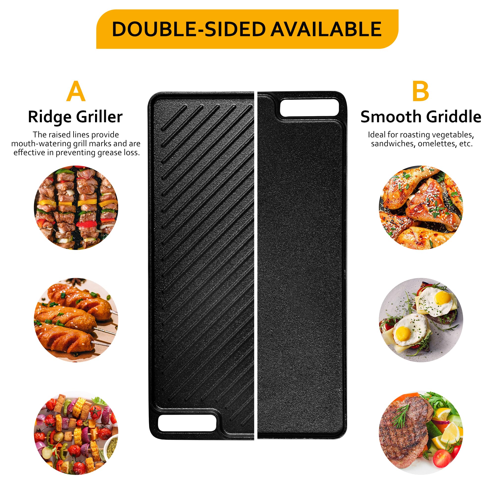 Velaze Bistecchiera in Ghisa con Maniglie, Reversibile, Antiaderente, Grill Piastra con Doppia Faccia, Adatta a Tutti Piani Cottura, Induzione e Forno - Nero (46x26x3cm)