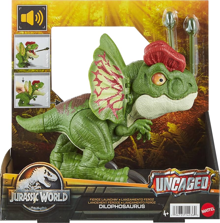 Amazon.com: Mattel Jurassic World Dinosaur Toy, Uncaged Fierce Launchin  Dilophosaurus Figure with Dart Style Shooting Action, Sound, 2 Projectiles  : Toys & Games