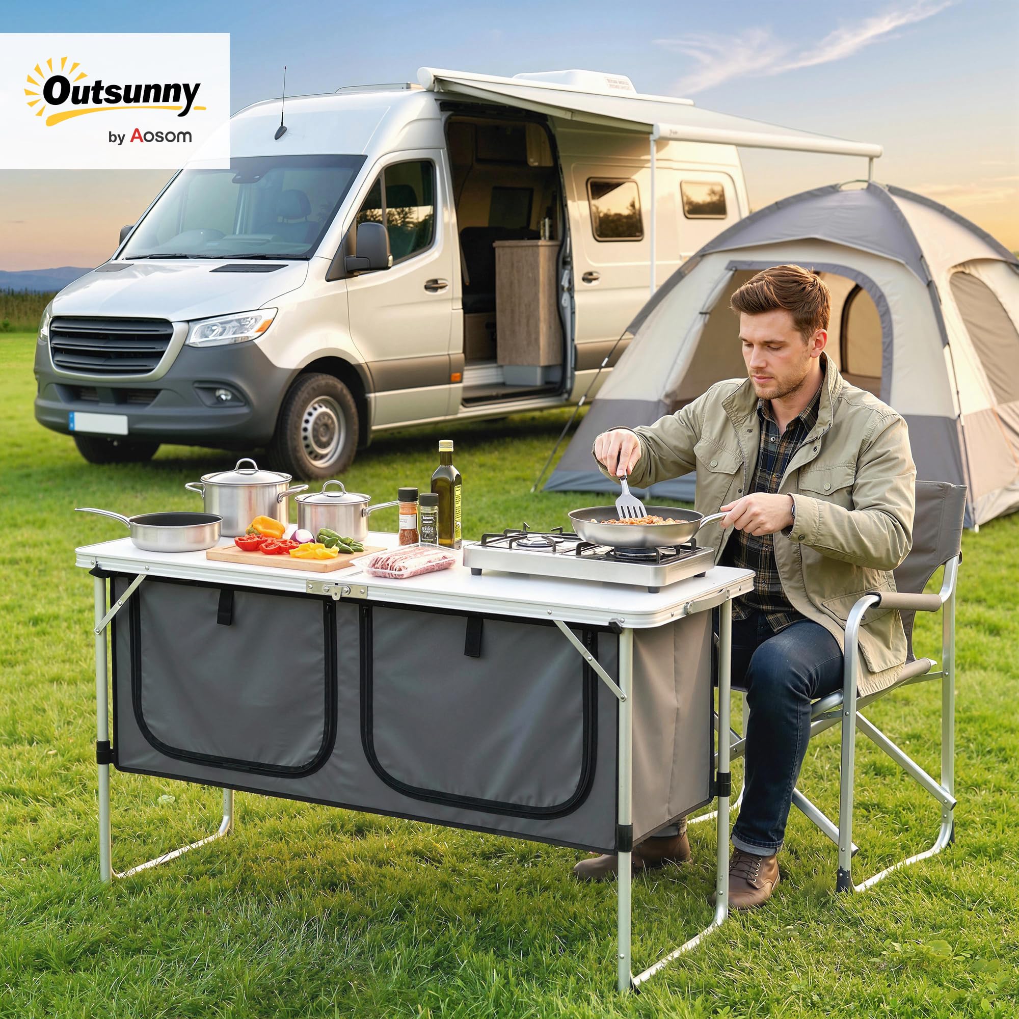 Outsunny Camping Küche Faltbar Campingschrank Aluminiumgestell Silber | Arbeitsplatte und Staufach, Outdoor Küchenschrank, für Reisen