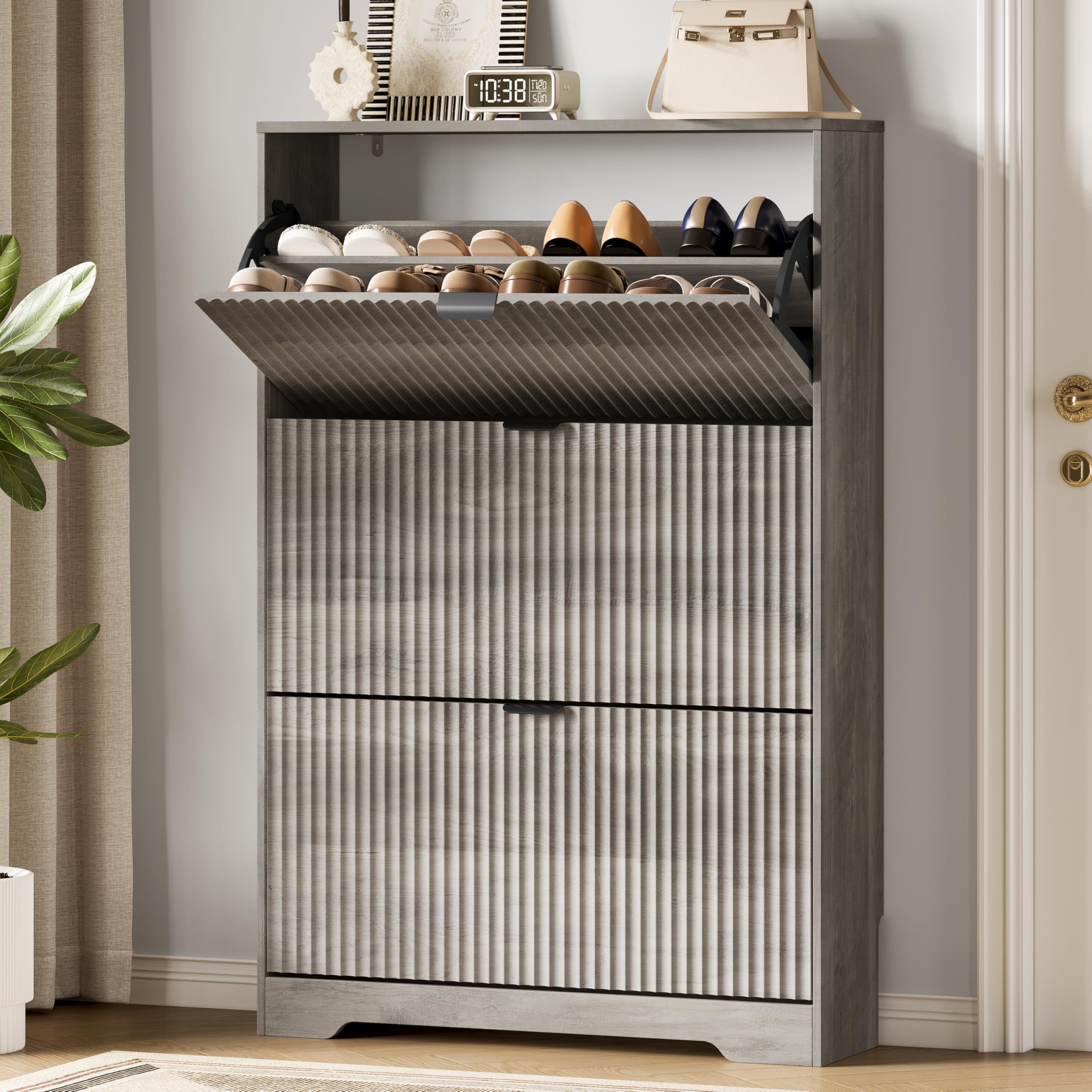 Xixini Shoe Storage Cabinet for Entryway with 3 Flip Drawers, Hidden Slim Wood Shoe Organizer with Modern Fluted Panel, Freestanding Narrow Shoe Rack for Front Door Entrance, Hallway, Foyer, Grey