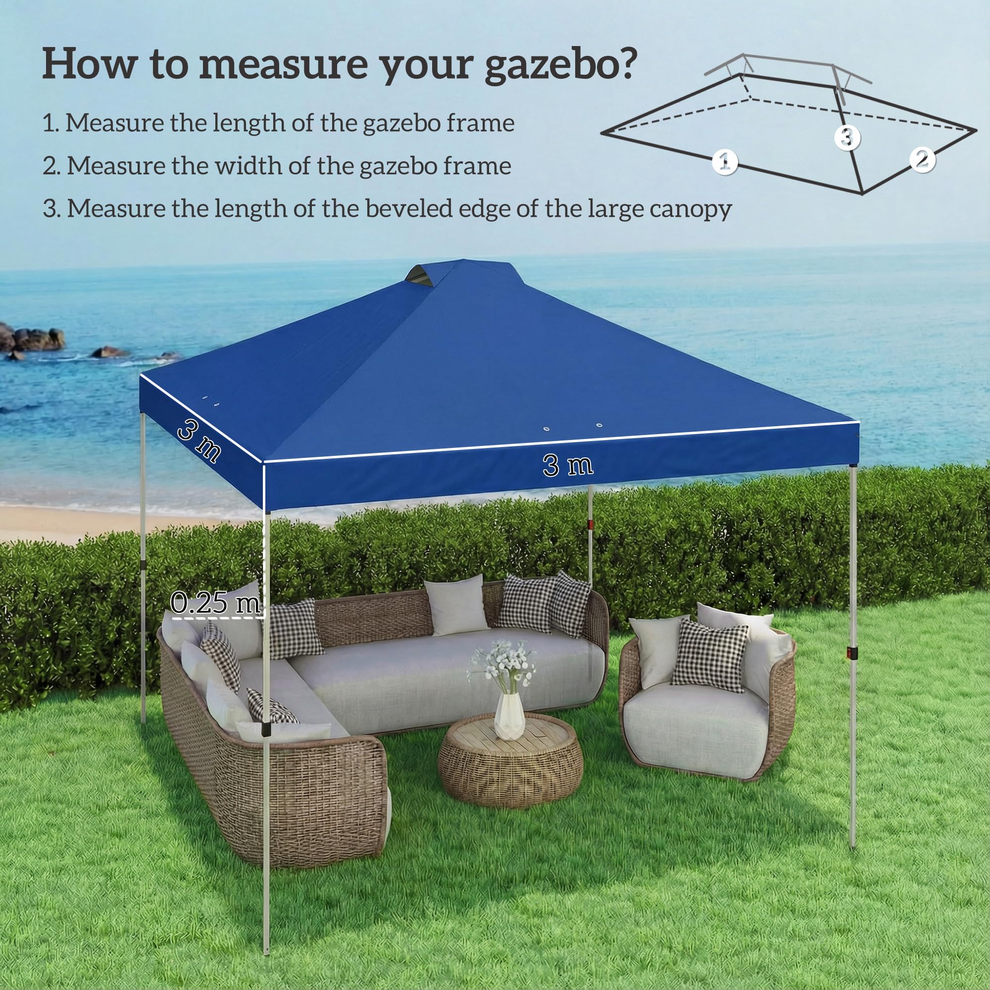 Outsunny 3 x 3(m) Pop Up Gazebo Canopy Replacement Cover with 8 Drainage Holes and Double Vents, UV50+ Waterproof Canopy Cover Replacement Top, Blue — view 3