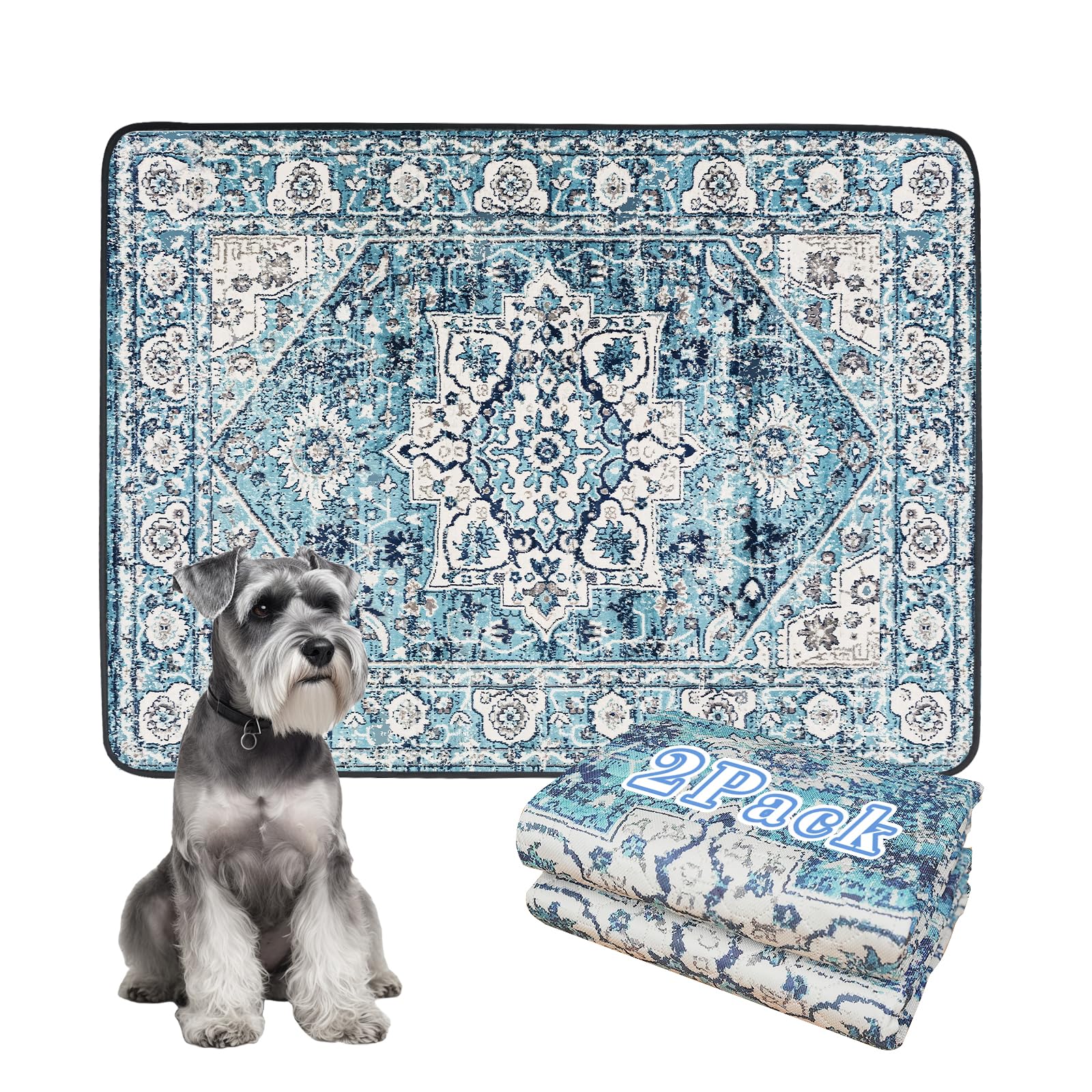 Thicken Washable Pee Pads for Dogs, Boho Waterproof Reusable Puppy Pads, Urine Leakproof Dog Pads, Non-Slip Potty Pads for Doggie, Doggy, Cat Litter Mat 36"x48" 2 Pack Ocean Blue