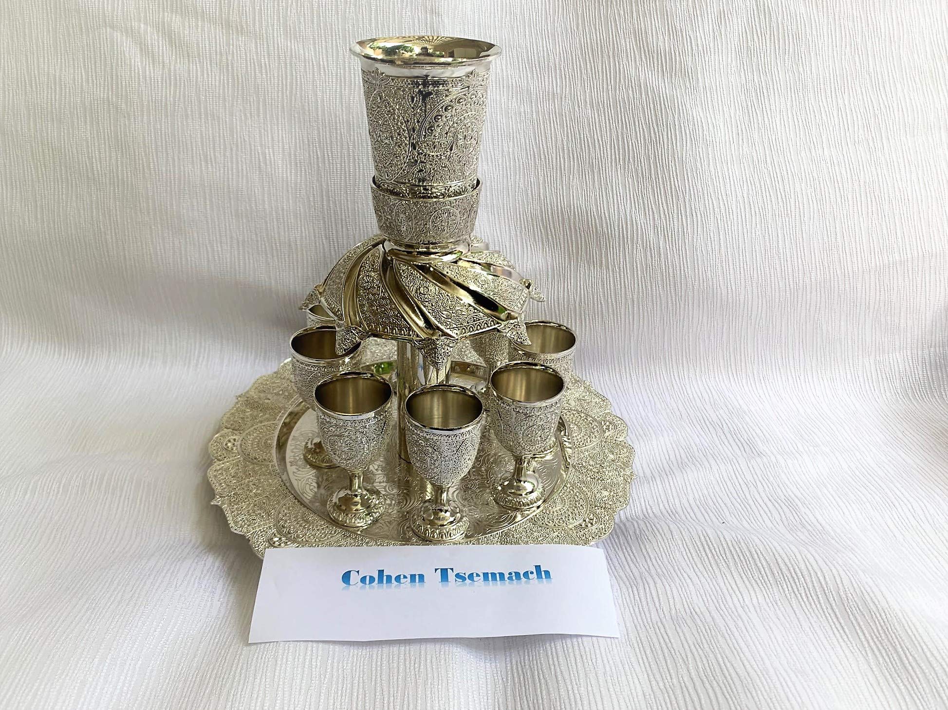 Amaizing Wine Fountain Divider Kiddush & 8 Goblets Filigree Judaica