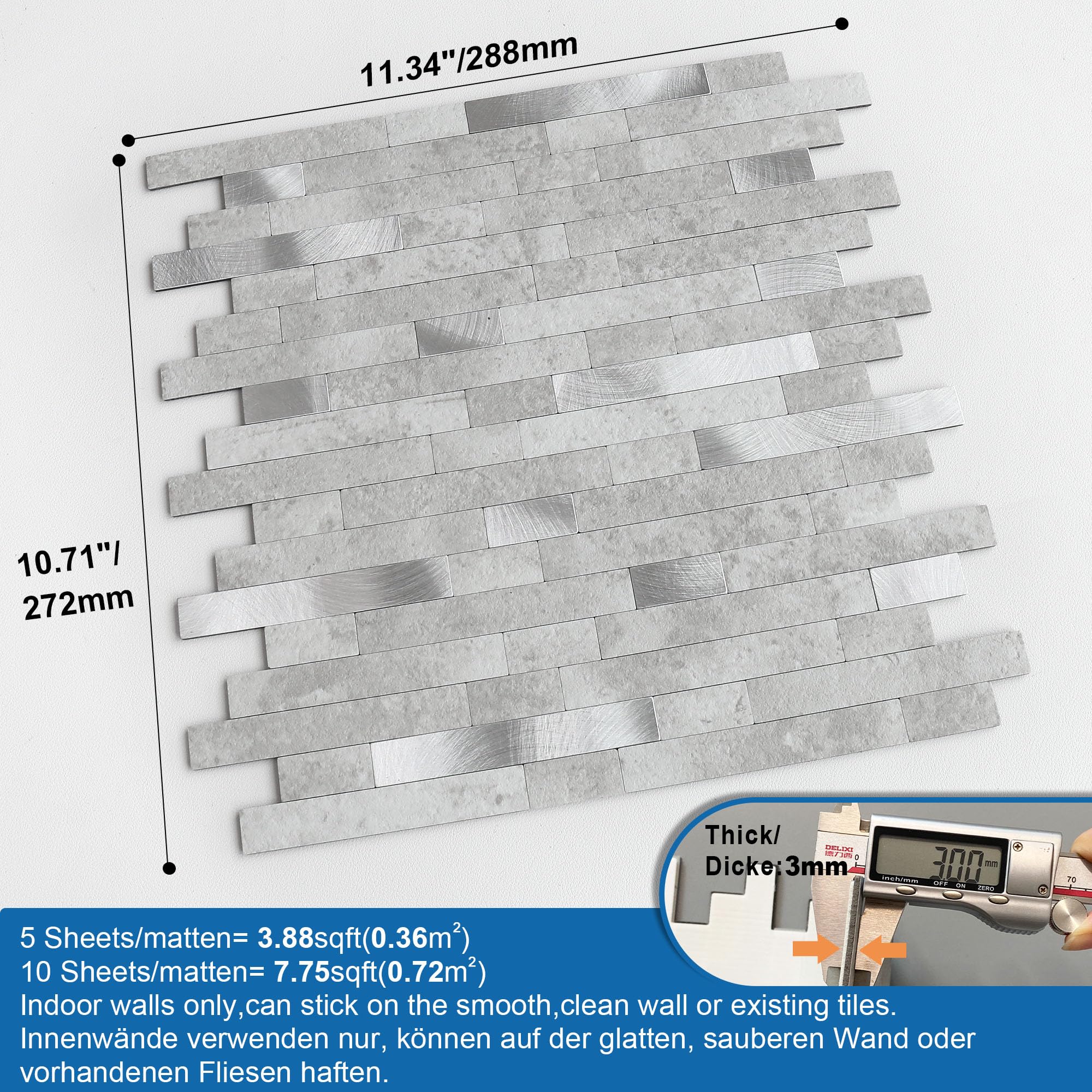 3d Selbstklebende Fliesen Fliesenaufkleber Wandfliese Küche Mosaikfliesen Steinoptik Bad Wasserdicht(10 Matten,Zementgrau)