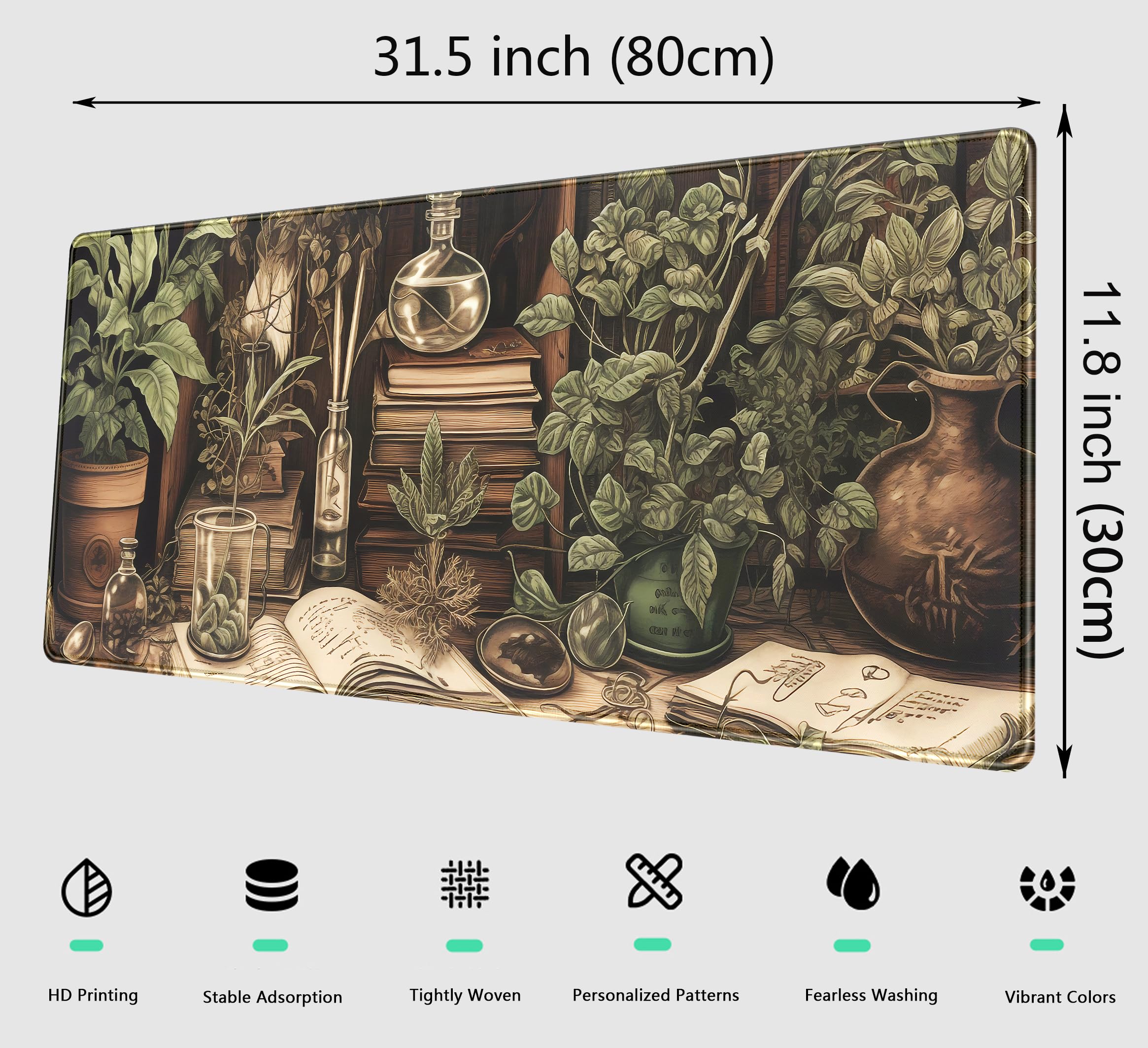 Alfombrilla de ratón para jugar retro verde oliva, tamaño XL, para amantes de las plantas, bordes cosidos, base de goma antideslizante, para teclado de ordenador portátil y ratón, 80 x 30 cm