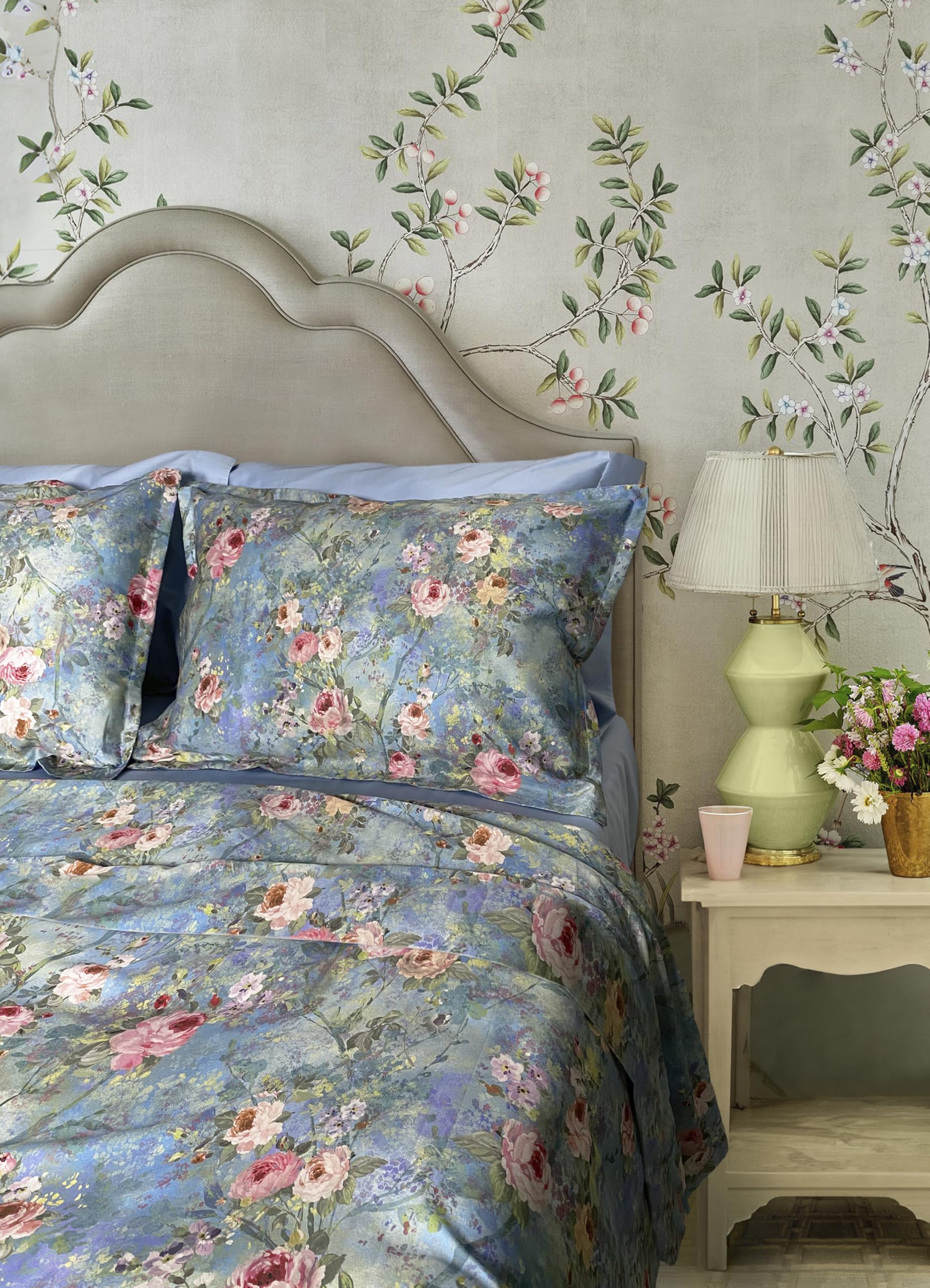 Mahome Set Lenzuola Matrimoniale Pregiato Raso di Cotone 100% 300 fili (TC) Artigianale di Lusso - Lenzuolo con Angoli 180x200x30 cm, Lenzuolo Sopra 250x290 cm, 2 Federe - Made in Italy – Elodie