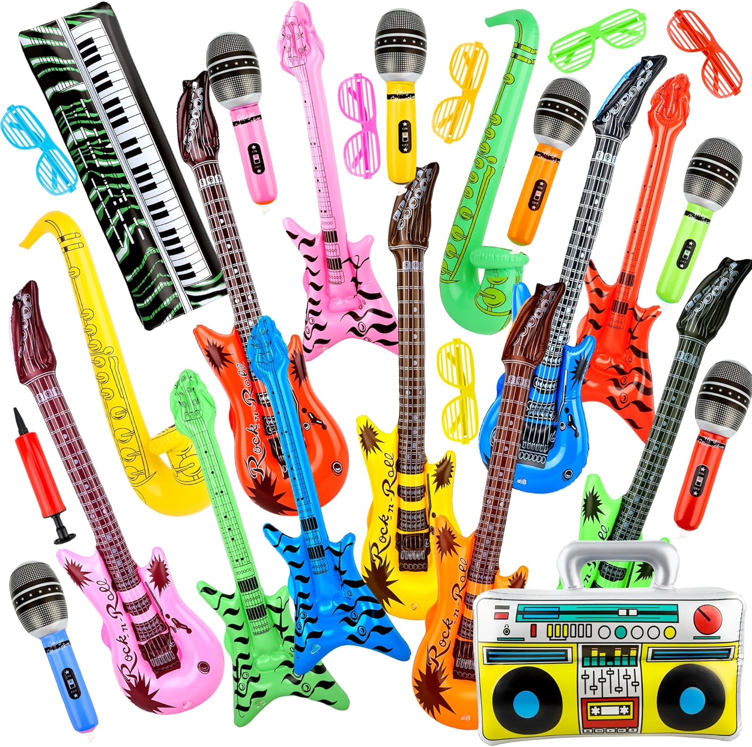 27 Pcs Inflatable Rock Star Instrument Set Inflatable Microphone Guitar Bass Saxophone Shutter Shading Glasses Air Pump for Pool Birthday 80s 90s Carnival Disco Party