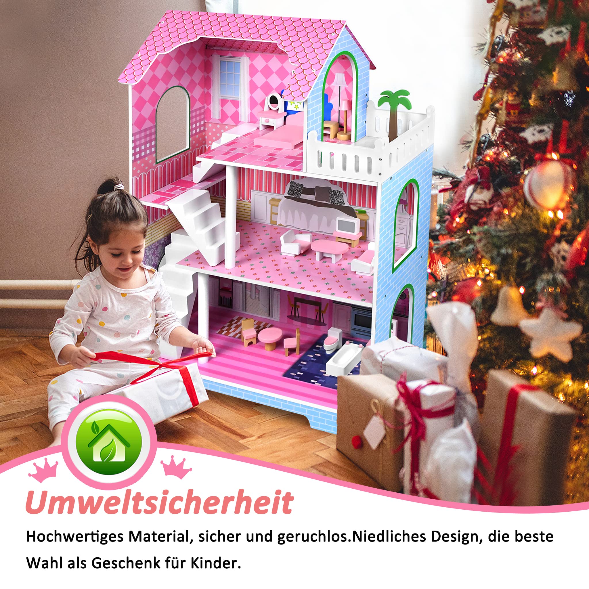 Aufun Holzpuppenhaus MDF, Puppenstube 3-Etage, Möbel, Zubehör, Puppenvilla, Dollhouse, Kinder, Spielzeug, Groß, Ästhetisch