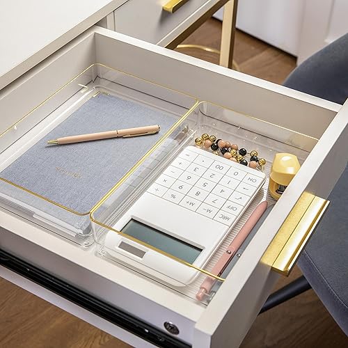 Miniatura 1 de Martha Stewart Kerry - Organizadores de cajones apilables de plástico para escritorio, 9 x 6 pulgadas, paquete de 3, con ribete dorado