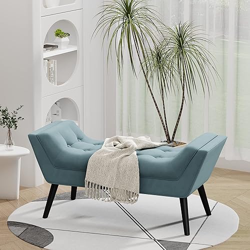 Vista 27 de Andeworld Banco de cama tapizado copetudo, taburete otomano de entrada, banco otomano de dos plazas (gris oscuro)