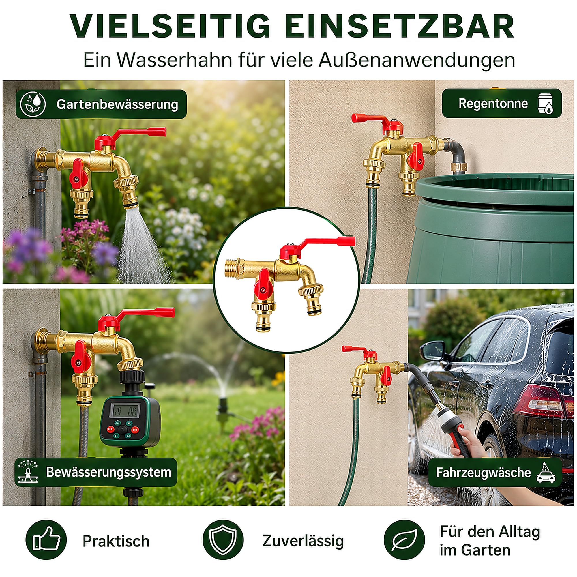 Double robinet extérieur résistant au gel 1/2" - Robinet de jardin en laiton avec 2 sorties de 3/4" - Double vanne de sortie pour tuyau d'arrosage, réservoir de pluie et machine à laver
