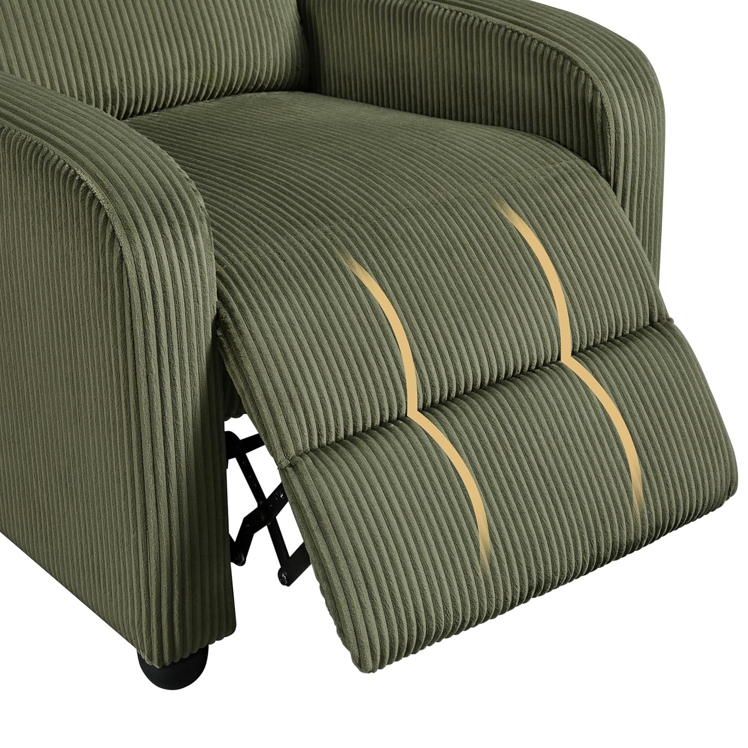 Close-up of the corduroy fabric texture on the recliner armrest
