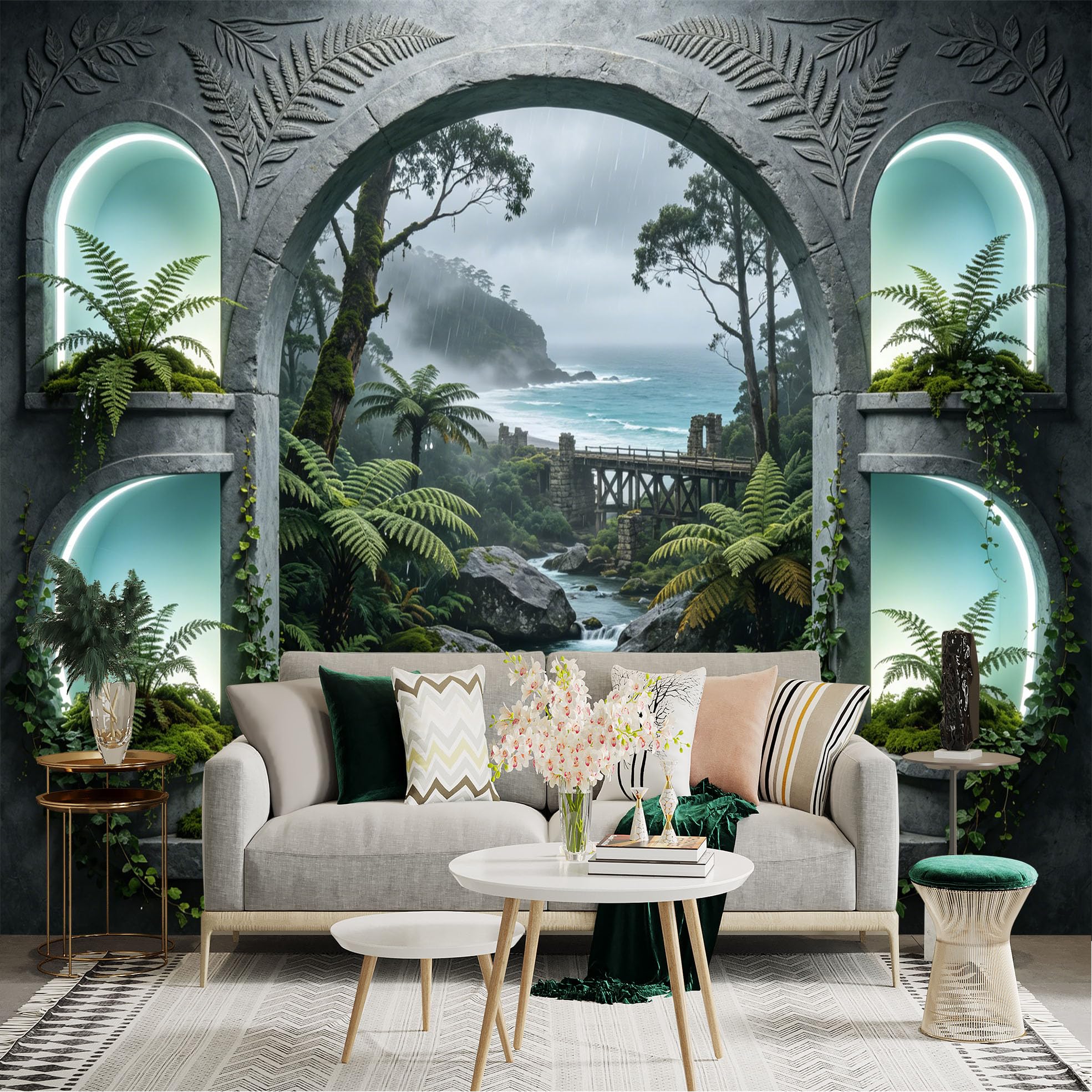 Custom Size Wall Sticker Mural， Tropical Rainforest with Waterfall， Ocean View and Stone Arch， for wall Decoration， peelandstick wall Decals.