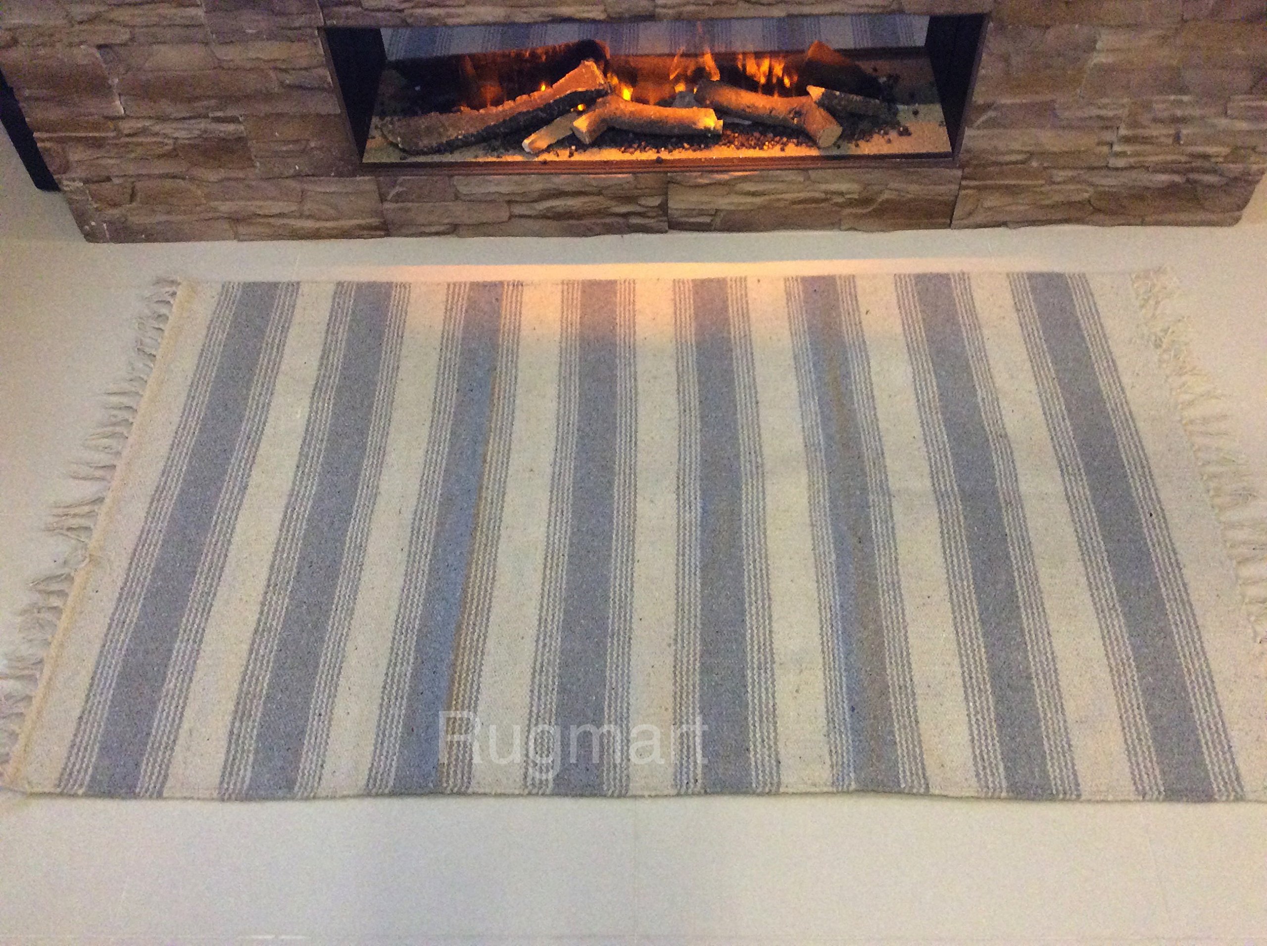 Eco friendly Striped Blue Grey Handmade Recycled Cotton Rich Reversible Machine Washable Kilim Dhurrie Rug (XS 60x90cm - (2'x3'))