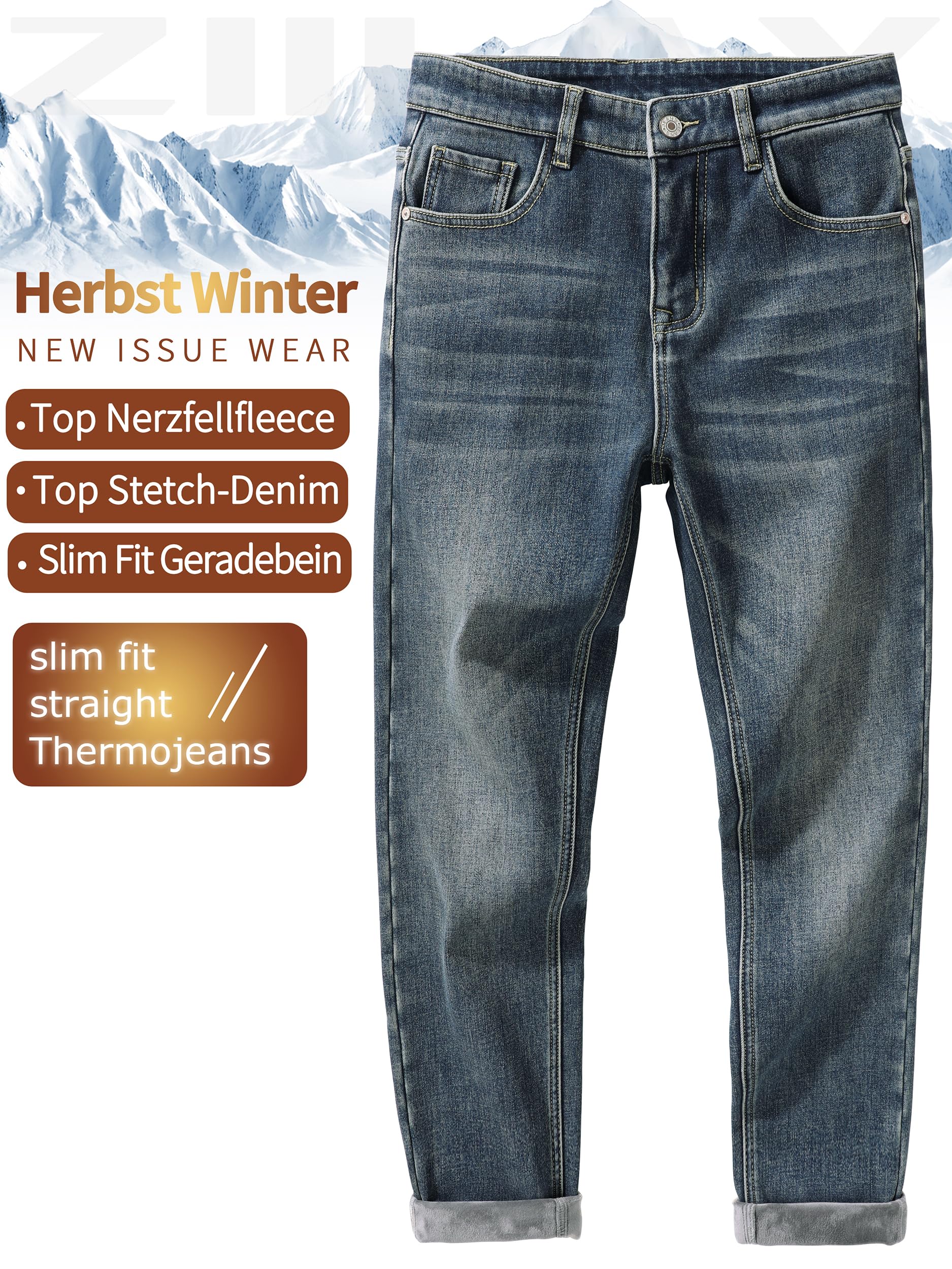 Jeans termici da uomo, Slim Fit, Grigio, M, 76 cm, 33 pollici