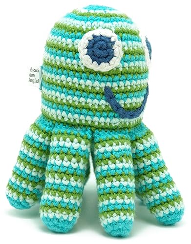 Miniatura 4 de Pebble Sonajero de bebé de pulpo hecho a mano, rayas verdes, océano, playa, costero, juguete de ganchillo para bebé, comercio justo, lavable a