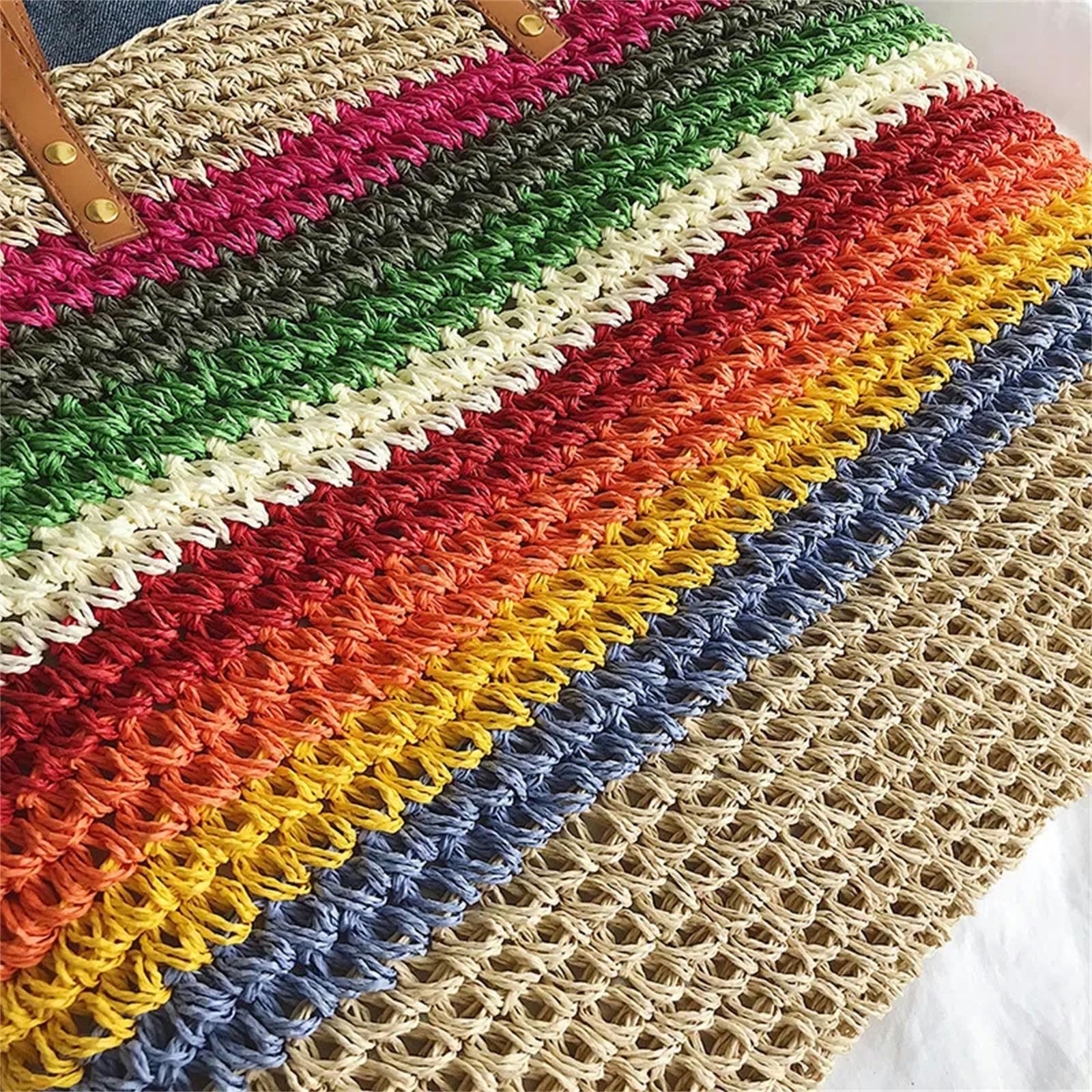 Borsa A Tracolla Borsa Color Arcobaleno Borse da Spiaggia Rattan Intrecciata A Mano Intrecciata A Mano in Grande capacità di Grande Capacità-beige-39 * 37 * 4