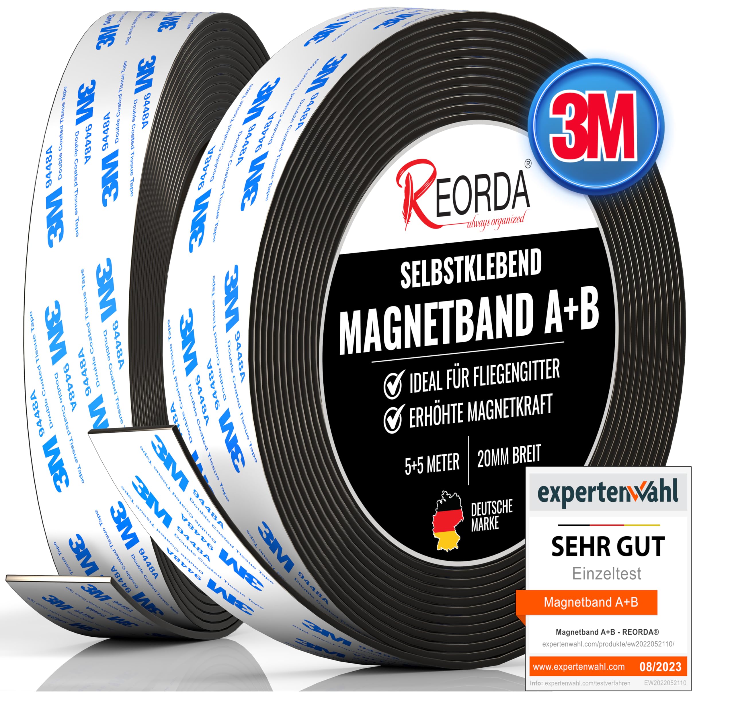 REORDA® Magnetband A B (EXTRA STARKER 3M KLEBER) selbstklebender Magnetstreifen für Fliegengitter & Moskitonetze für beste gegenseitige Anziehung - Magnetband selbstklebend