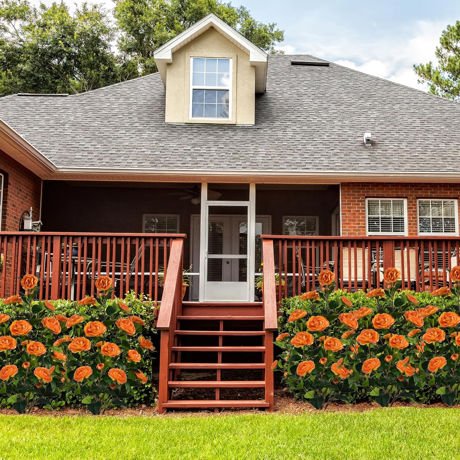 Artificial Camellia Tree with Spike, 36” Tall Faux Artificial Plants Outdoor Flower Tree with Orange Blooming Camellia Flower, Fake Flower Tree for Home, Garden Decor(Orange) - Image 5