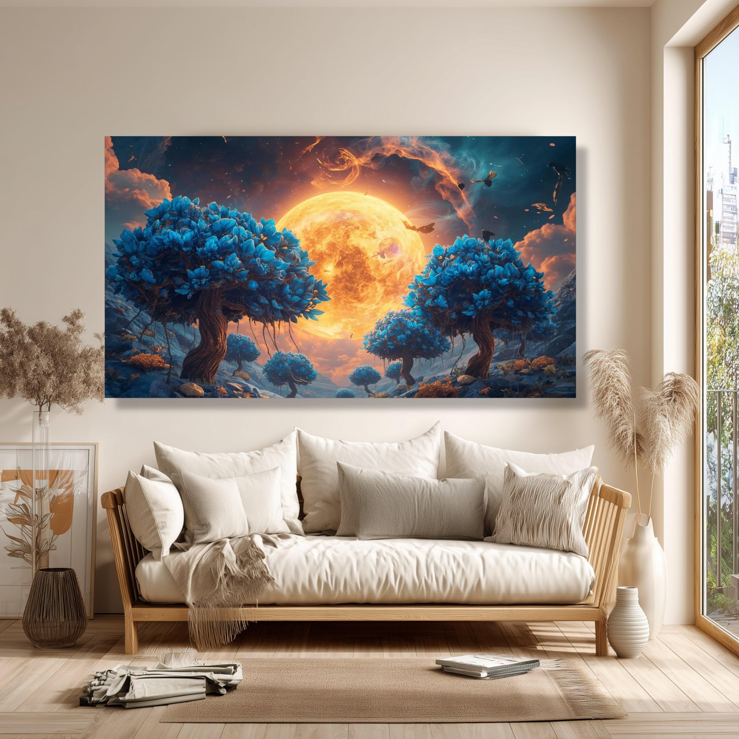 Niebieskie kwiaty drzew plakaty i wydruki, obraz na płótnie błyszczący księżyc, naturalna sceneria sztuka ścienna, surrealistyczne dzieło sztuki dekoracji wnętrz (65 x 120 cm/rama wewnętrzna)