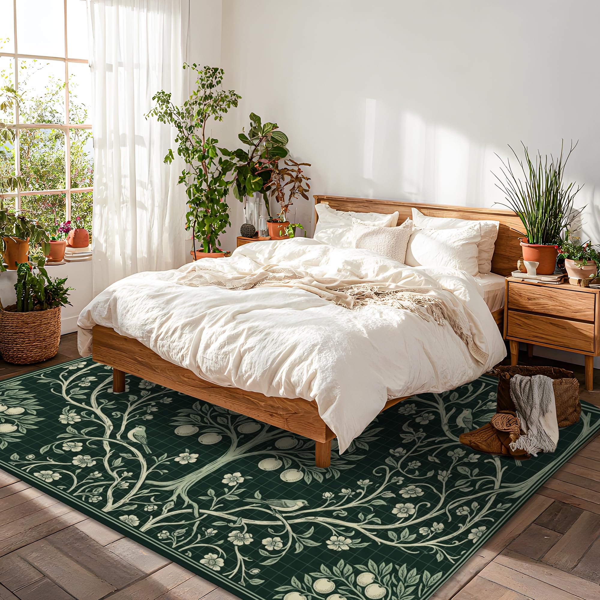 Alfombra de área de árbol, ramas naturales botánicas, flores, color verde primavera, esponja de pelo bajo, alfombra rectangular suave, resistente a las manchas, para sala de estar, recámara