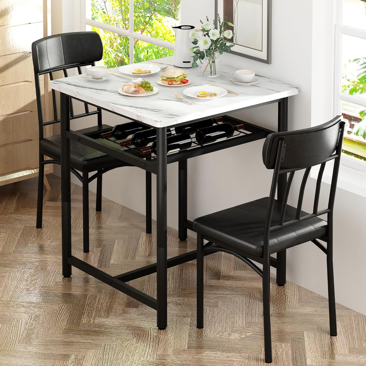Lamerge 3-Piece Marble Table and Chairs Set, Kitchen Table and Leather Chairs for 2 People, Built-in Wine Rack for Small Space, Square Dinette Kitchen Table Set for Apartment, Studio, White