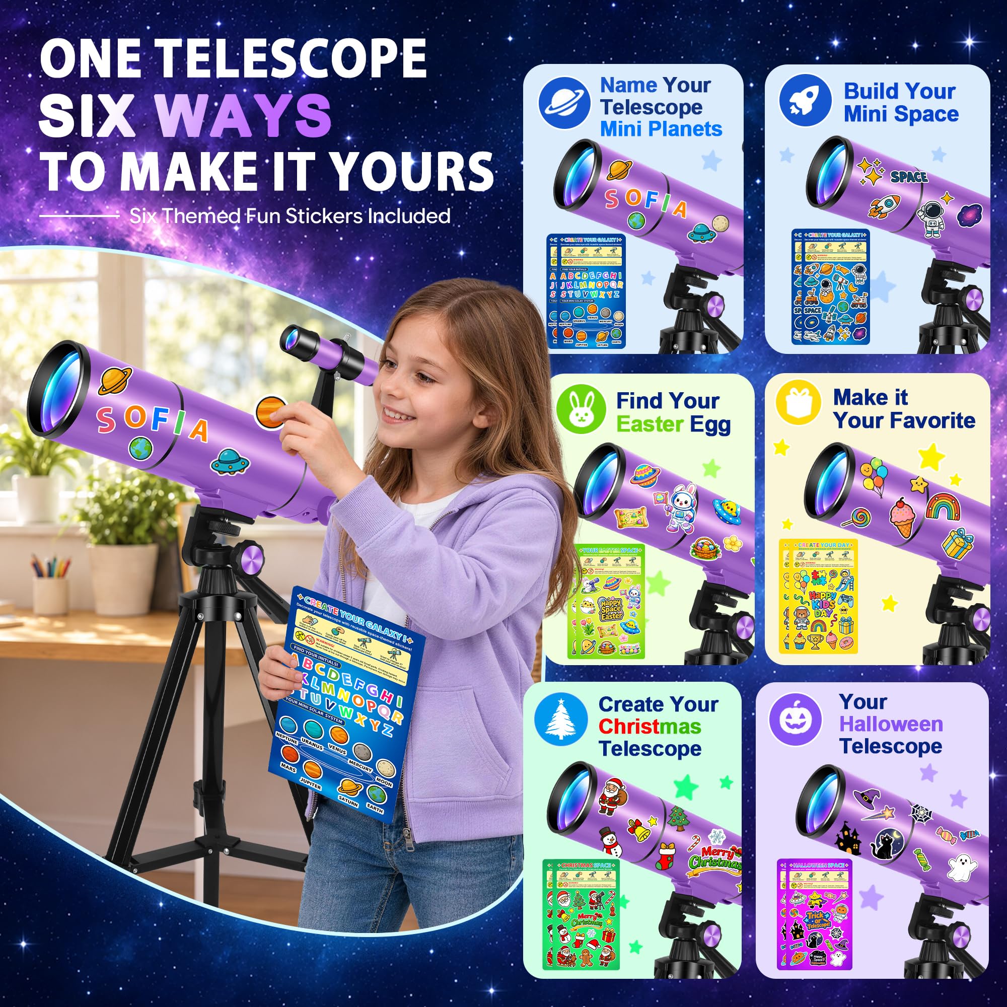 Telescopio Astronomico Bambini e Adulti 80/500 mm, Rifrattore Telescopio Portatile Bianco Viola con 6 Set di Adesivi, Libretto Luna e Pianeti, Supporto Smartphone e Zaino Portatile
