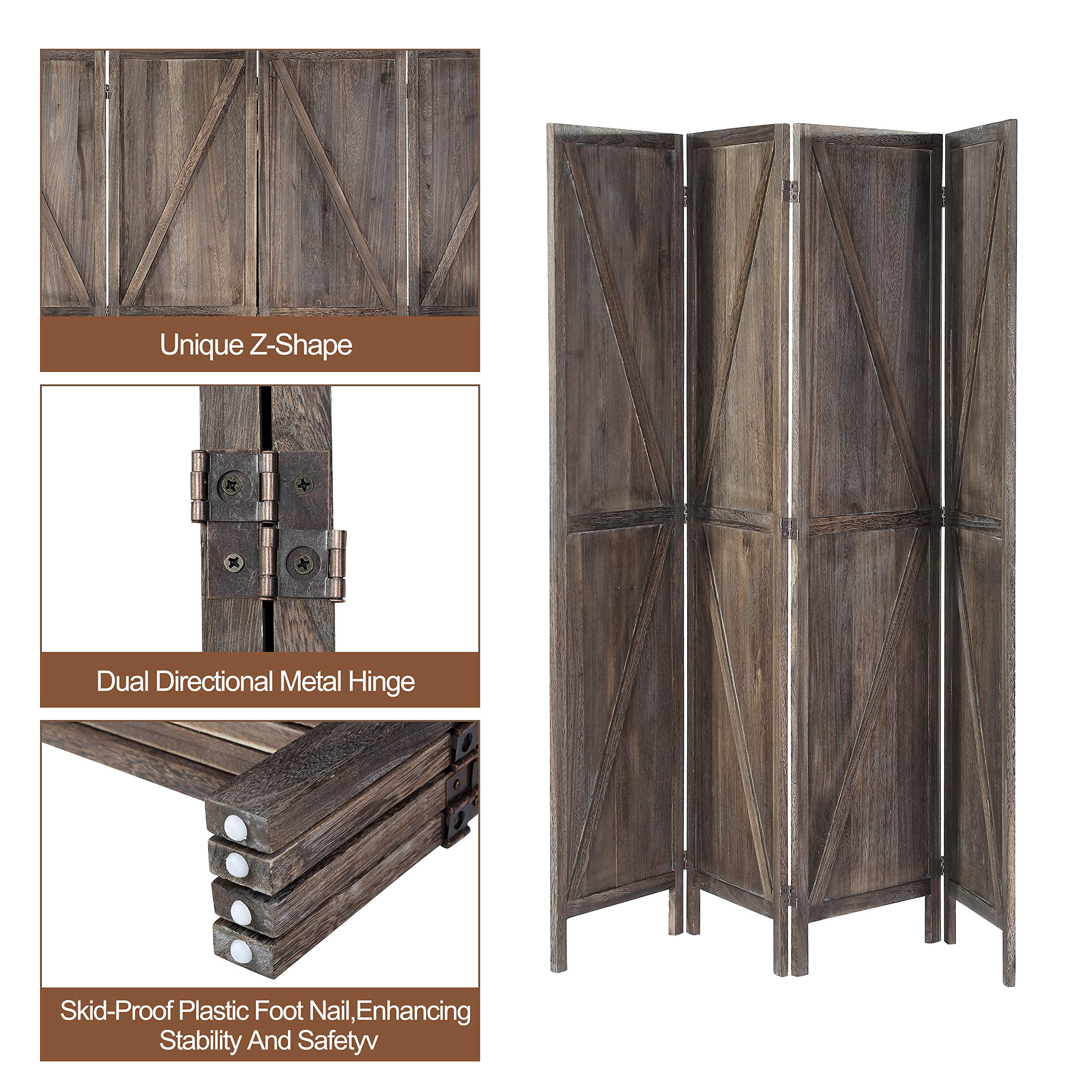 iVilla 5.8 Ft Tall Wood Room Divider, 4 Panel Rustic Folding Privacy