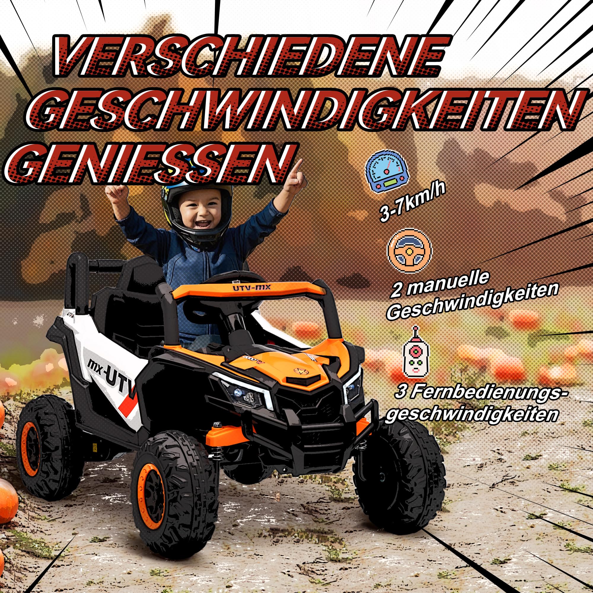 AIYAPLAY Kinder Elektroauto 12V mit 2,4 GHz Fernbedienung 2 Motor Orange | Kinderauto UTV, Kinderfahrzeug, Softstart, Federungssystem, LED-Leuchten, Musik, USB-Anschluss, Hupe, Für 3-5 Jahre