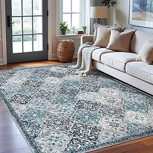 KILOCOCO 6x9 Area Rug, Moroccan Super Soft Vintage Washable Living Room Rug, Large Non-Slip Print Faux Wool Throw Rug for Entryway Bedroom Office Carpet, Blue/Multi