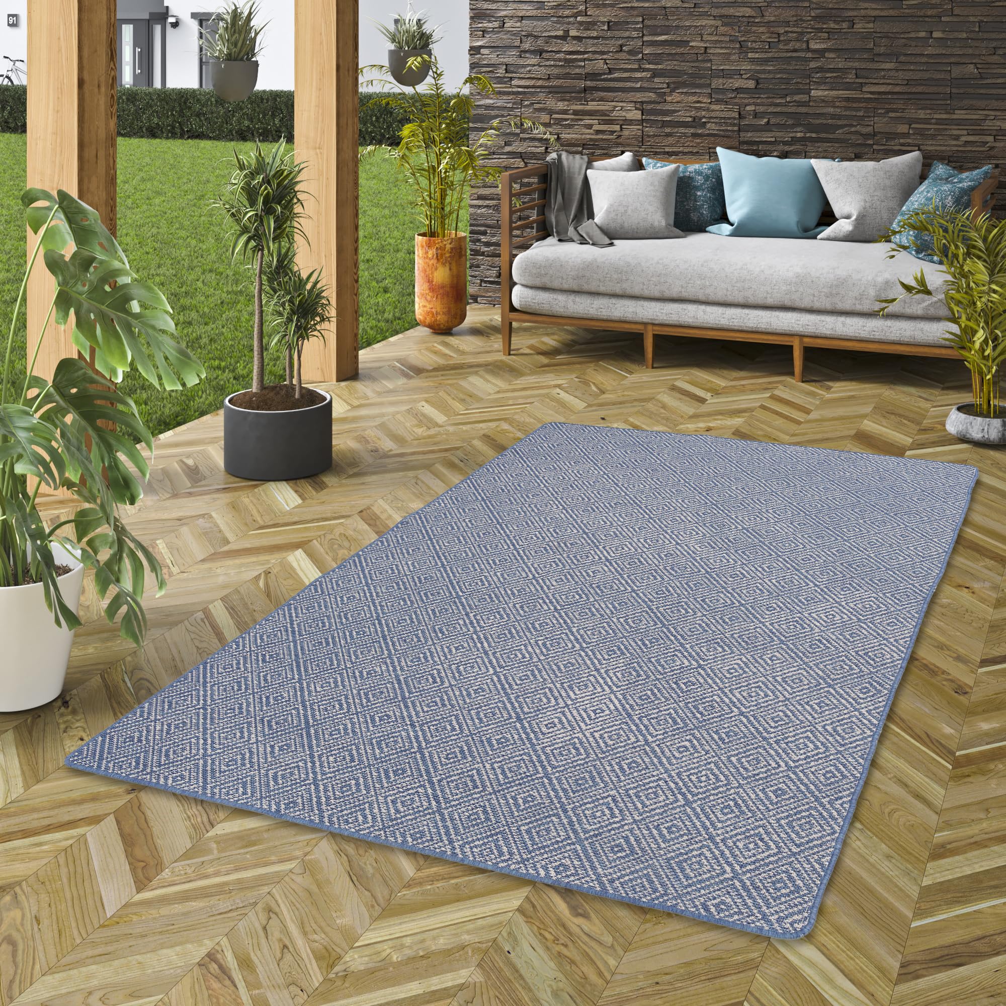 Snapstyle Tapis d'extérieur et d'intérieur Newport Bleu Vintage - Résistant aux intempéries et aux UV - Réversible, Facile à Nettoyer - pour Balcon, terrasse, Jardin ou intérieur - Plusieurs Tailles