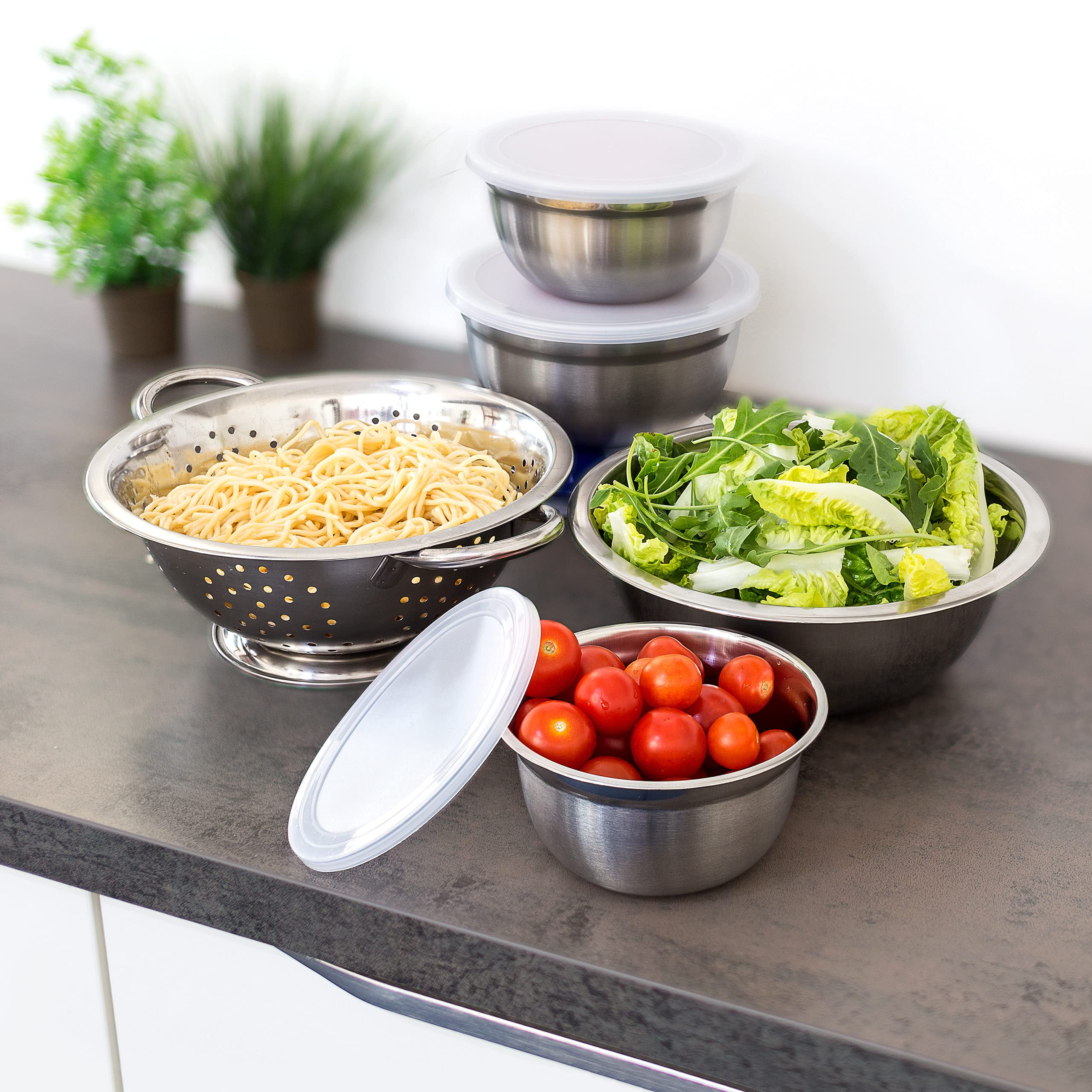 Relaxdays Set 5 Ciotole in Acciaio Inox, Coperchio Salvafreschezza e Scolapasta, Insalatiere, Box Portapranzo, Argento