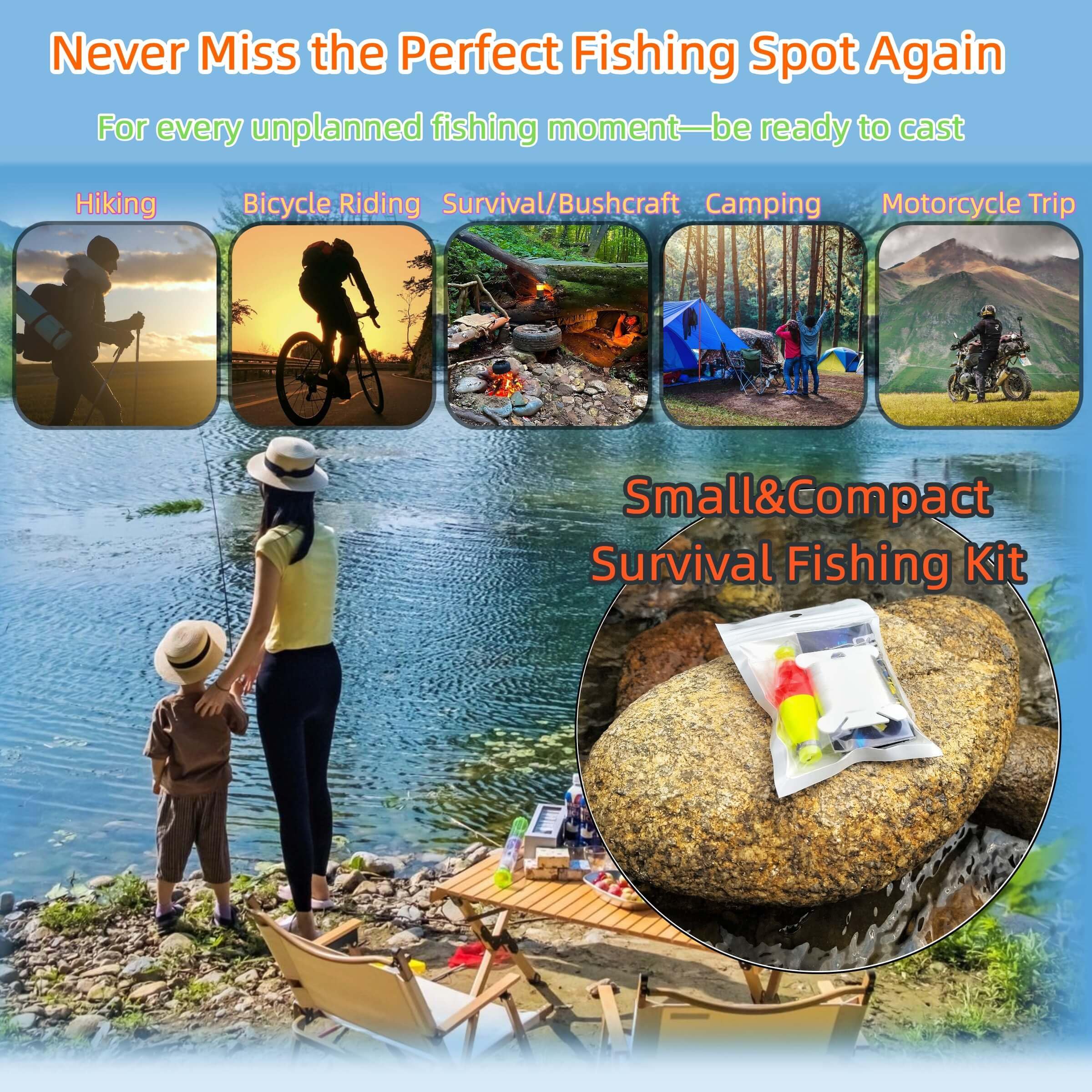 Mini-Überlebens-Angelset – Notfall-Angelausrüstung für Wandern, Camping, Rucksackreisen – kompaktes Überlebens-Angelset mit Haken, Schnur, Schwimmer und Messer – tolles Geschenk für Kinder und