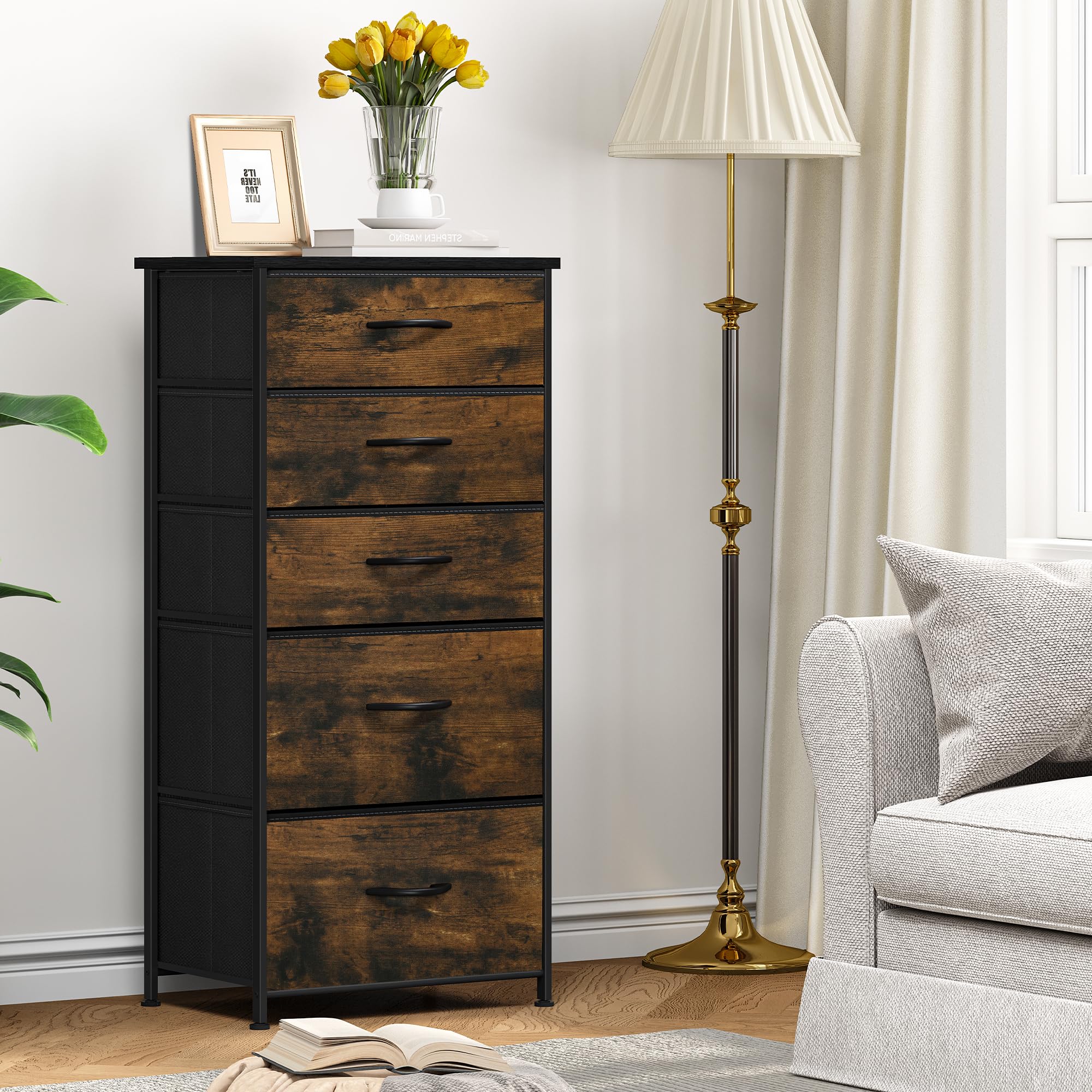 YITAHOME Commode pour Chambre à Coucher, Commode à 5 Tiroirs en Tissu Meuble de Rangement avec Dessus en Bois et Grand Espace de Rangement Chambre à Coucher, Salon, Chambre d'enfant, Rouille Brun