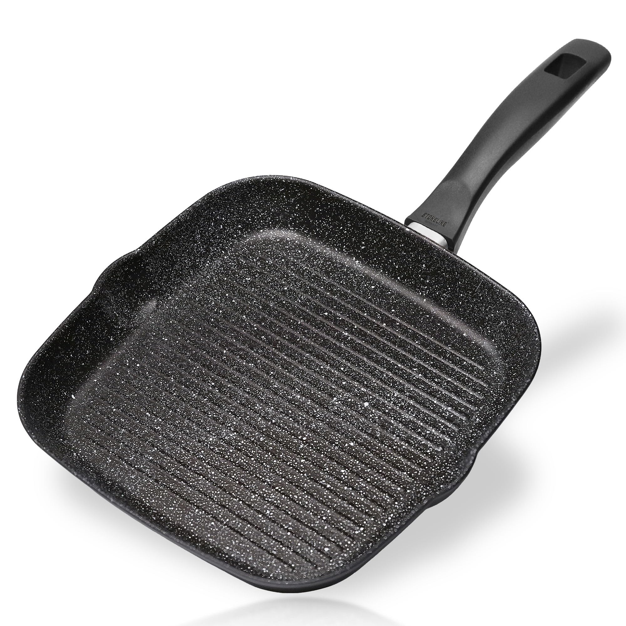 STONELINE Grillpfanne 28 x 28 cm, Aluguss, Antihaftbeschichtung mit echten Steinpartikeln, Große Pfanne Induktion backofengeeignet, Steakpfanne Eckig, Schwarz