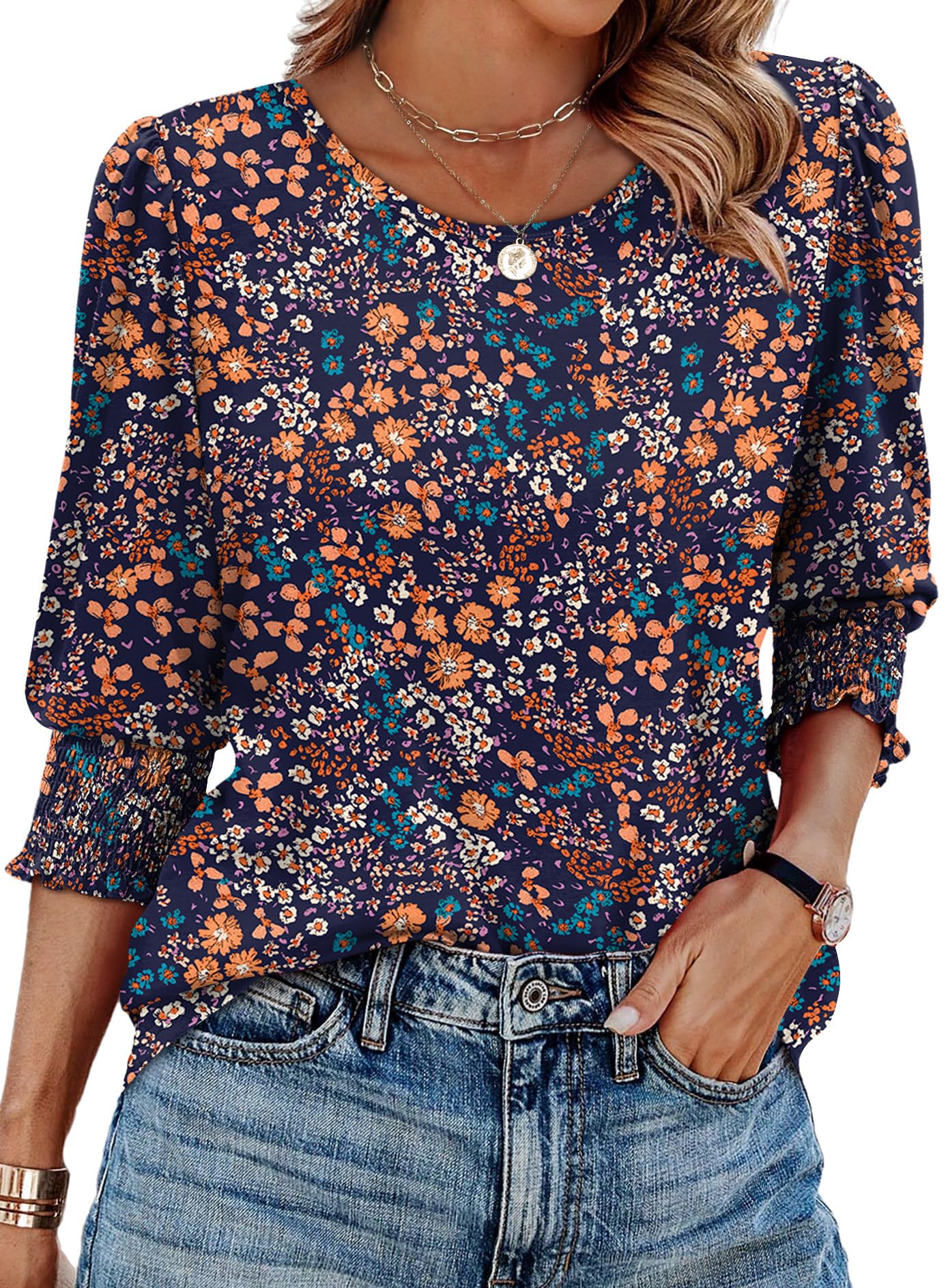 XIEERDUO Blouses for Women Dressy Casual 3/4 Length Sleeve Womens Tops with Smocked Cuffs