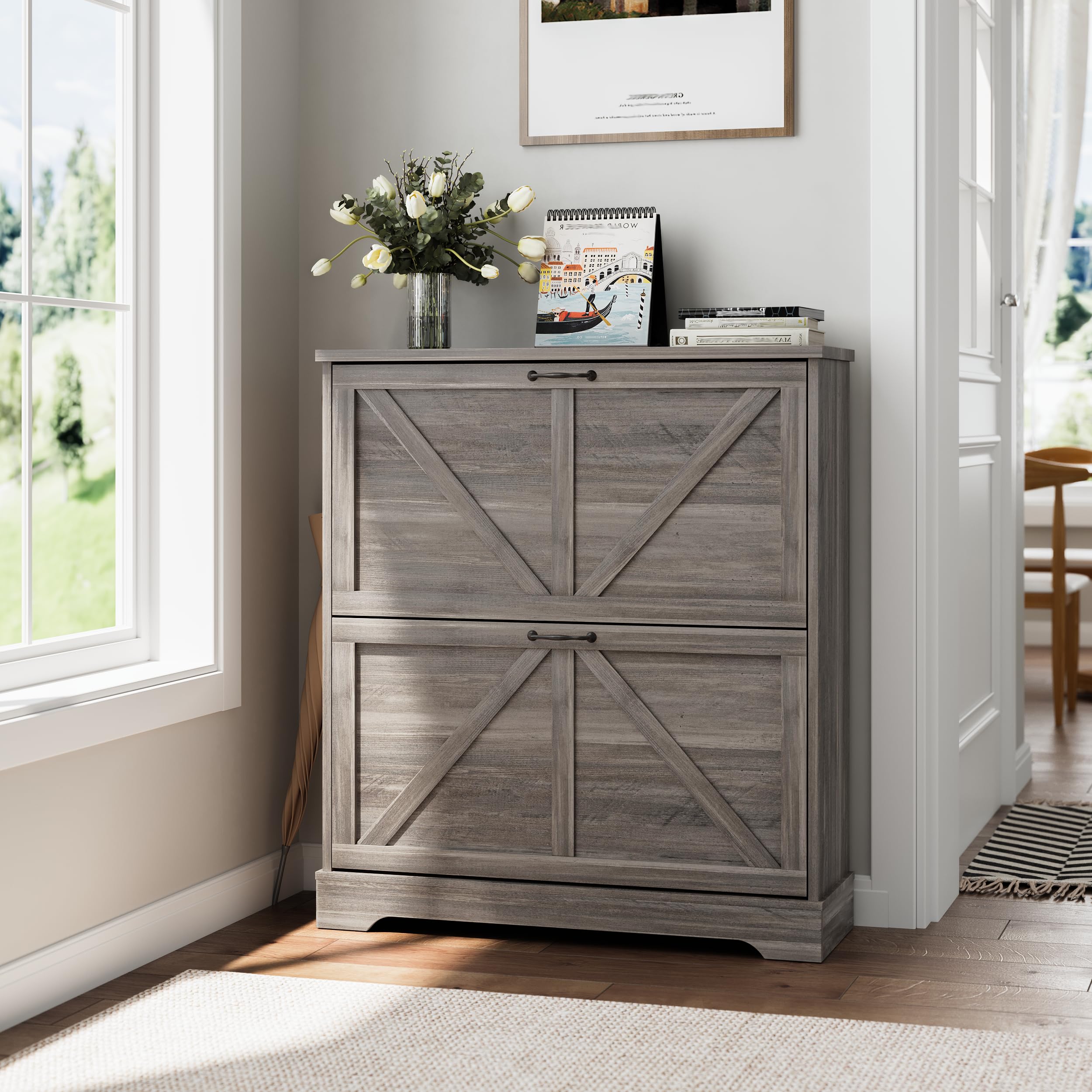 Smart FENDEE Schuhschrank, Schuhschrank für den Eingangsbereich, mit 2 Klappschubladen, schmaler Bauernhaus-Schuh-Organizer-Schrank, schmaler Schuhregal, Weiß