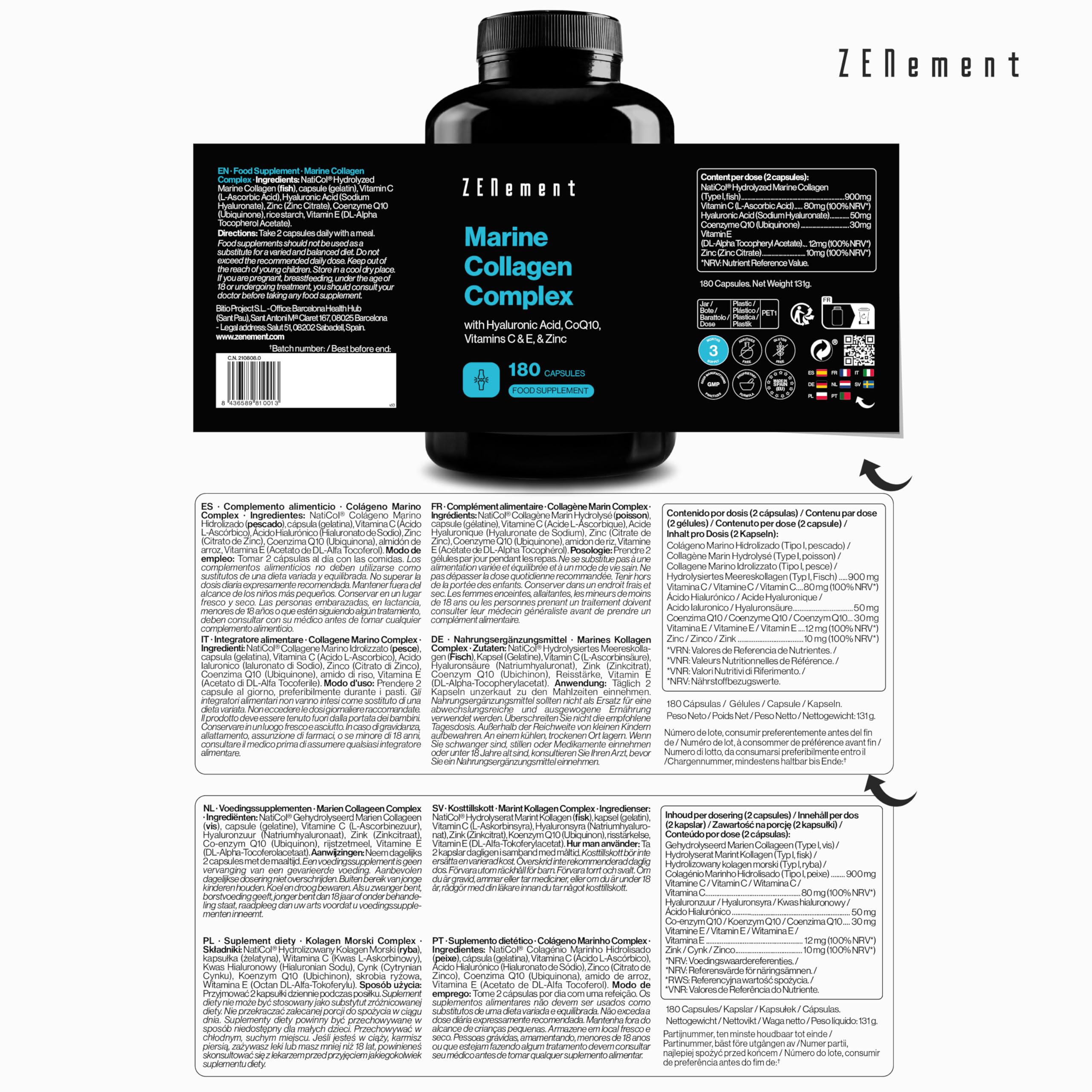 Complexe de Collagène Marin, avec Acide Hyaluronique, CoQ10, Vitamines C & E et Zinc, 180 Gélules | Supplément Articulations, Peau et Os | sans conservateur | Zenement