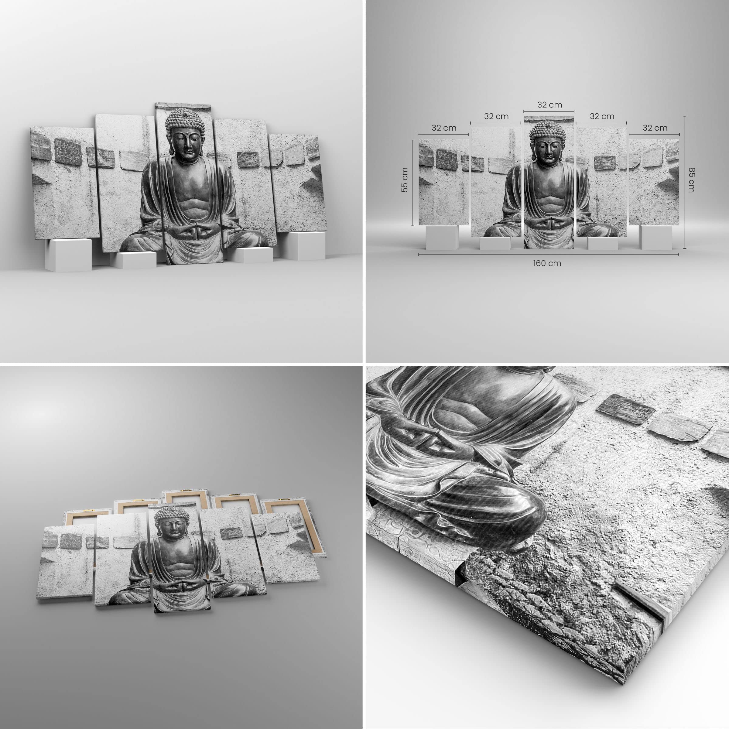 Lienzo Decorativo 160x85cm Tríptico Arquitectura Blanco y Negro - 4329 | japonés Buda Estatua Cuadro sobre Lienzo Grande Arte mural Decoración del Hogar Salón Dormitorio Oficina Cuadros de Pared