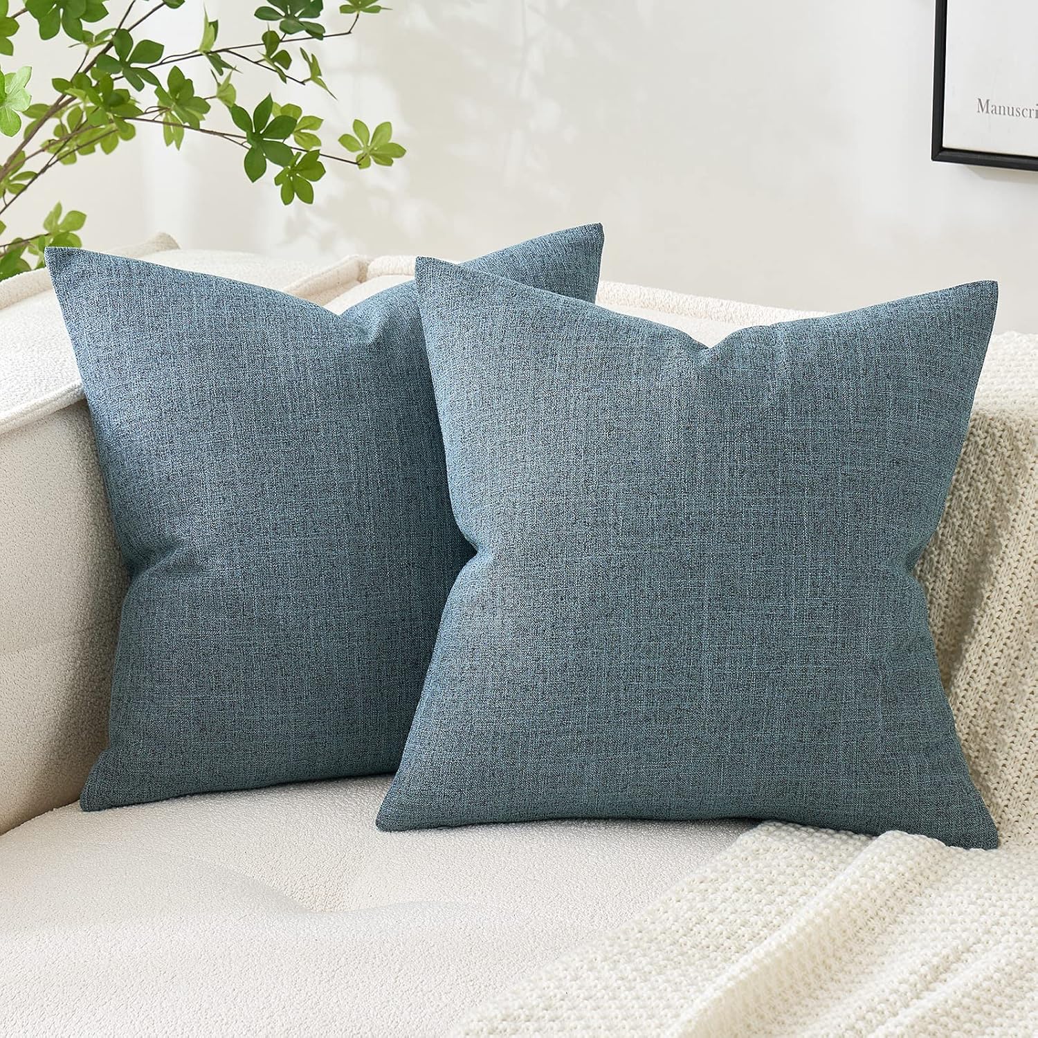 MIULEE Pack of 2 Decorative Linen Burlap Pillow Covers Square Solid Throw Cushion Case for Sofa Car Couch 18x18 Inch Dusty Blue 18x18 Inch (Pack of 2) Dusty Blue